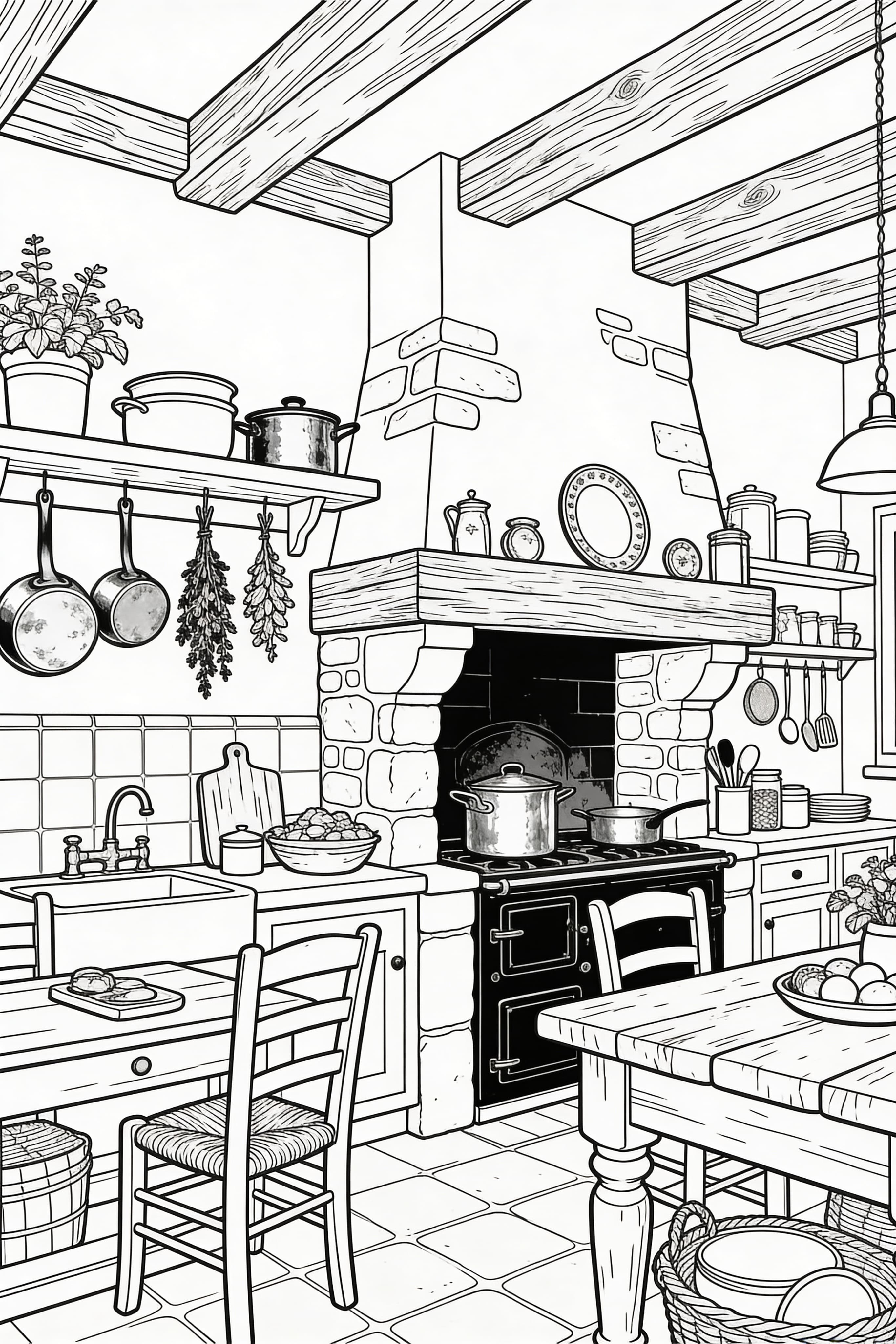 Detailed coloring page of a French countryside kitchen scene for adults