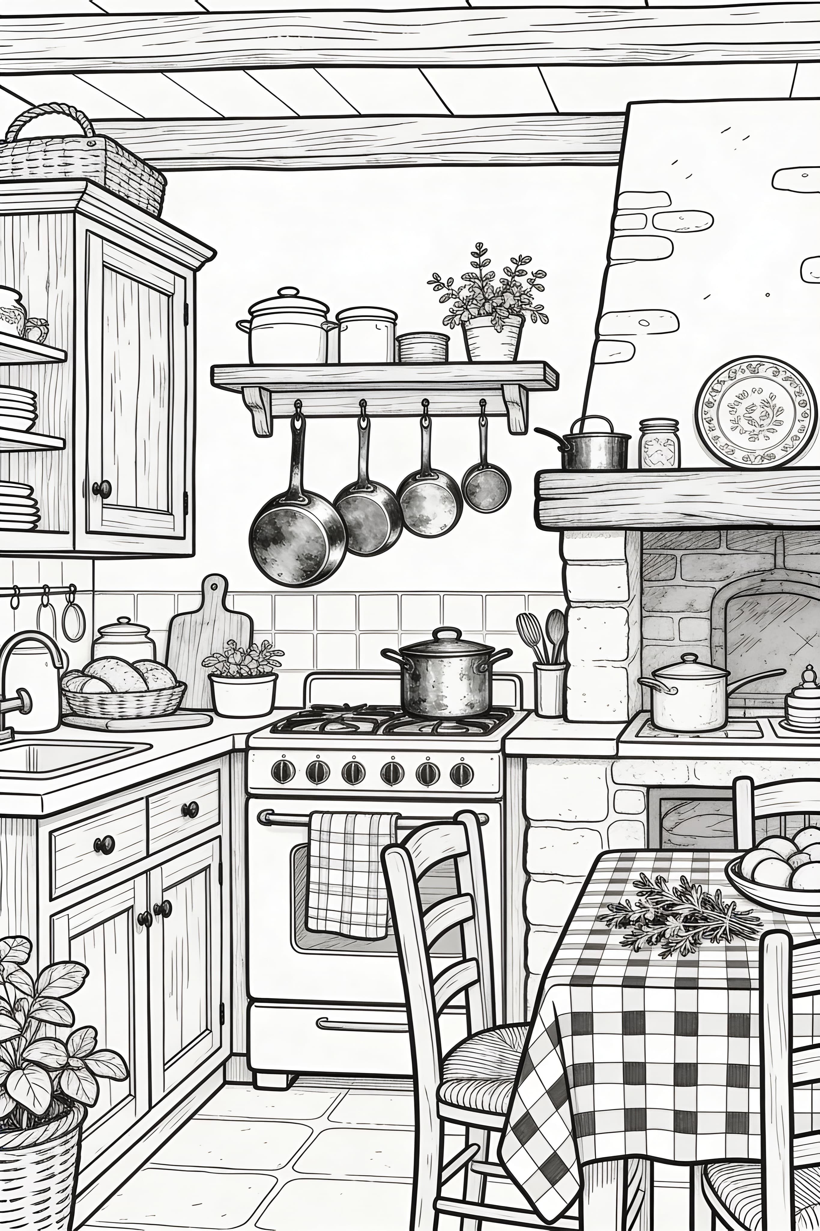 Doodle style French countryside kitchen with rustic elements for coloring