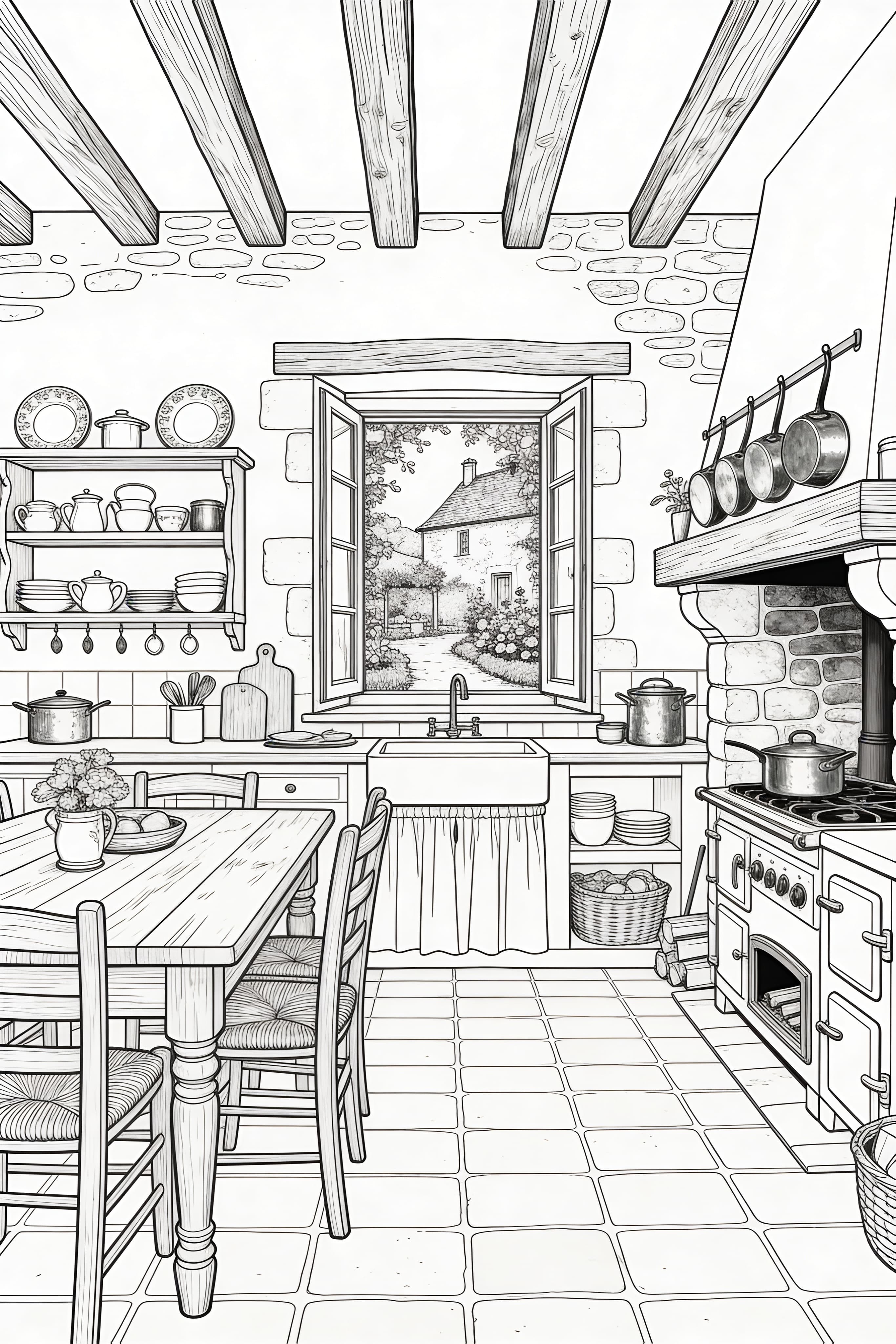Realistic French Countryside Kitchen Coloring Page