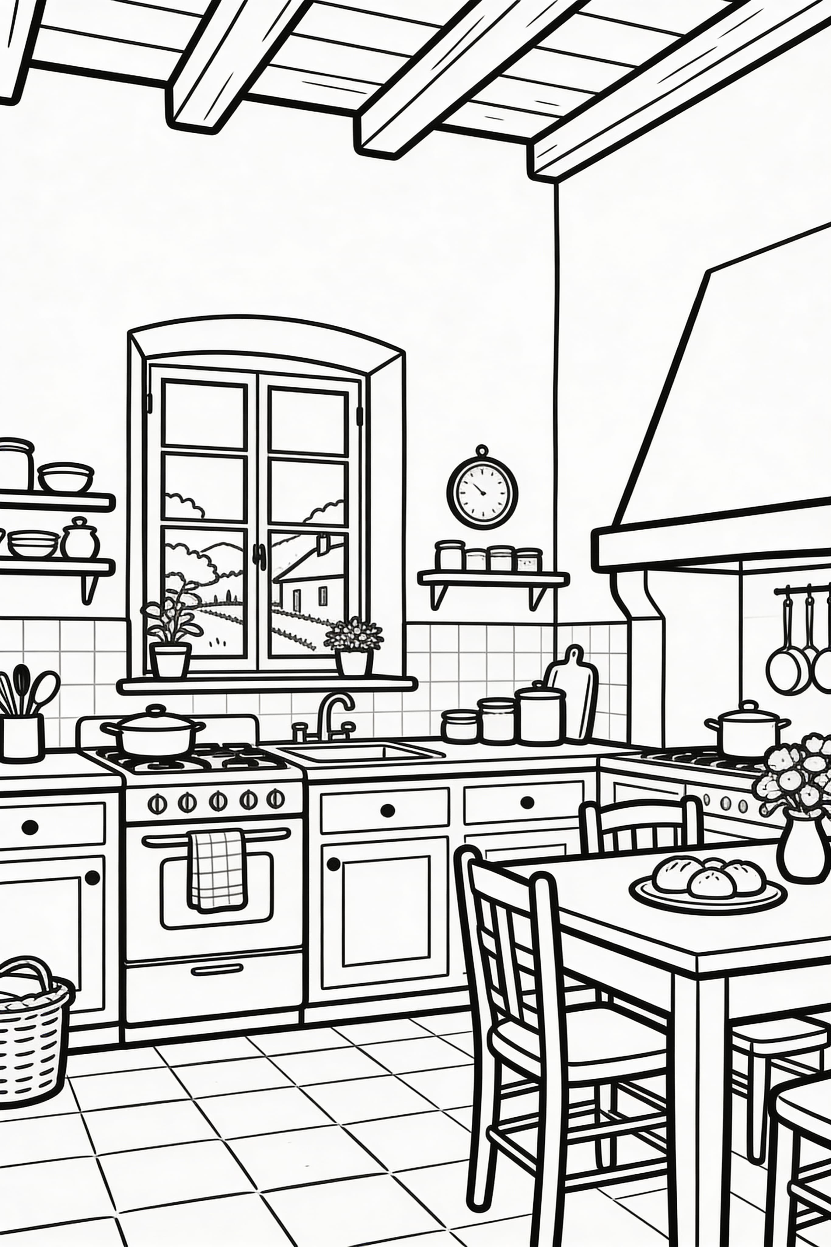 Printable coloring page of a French countryside kitchen for kids