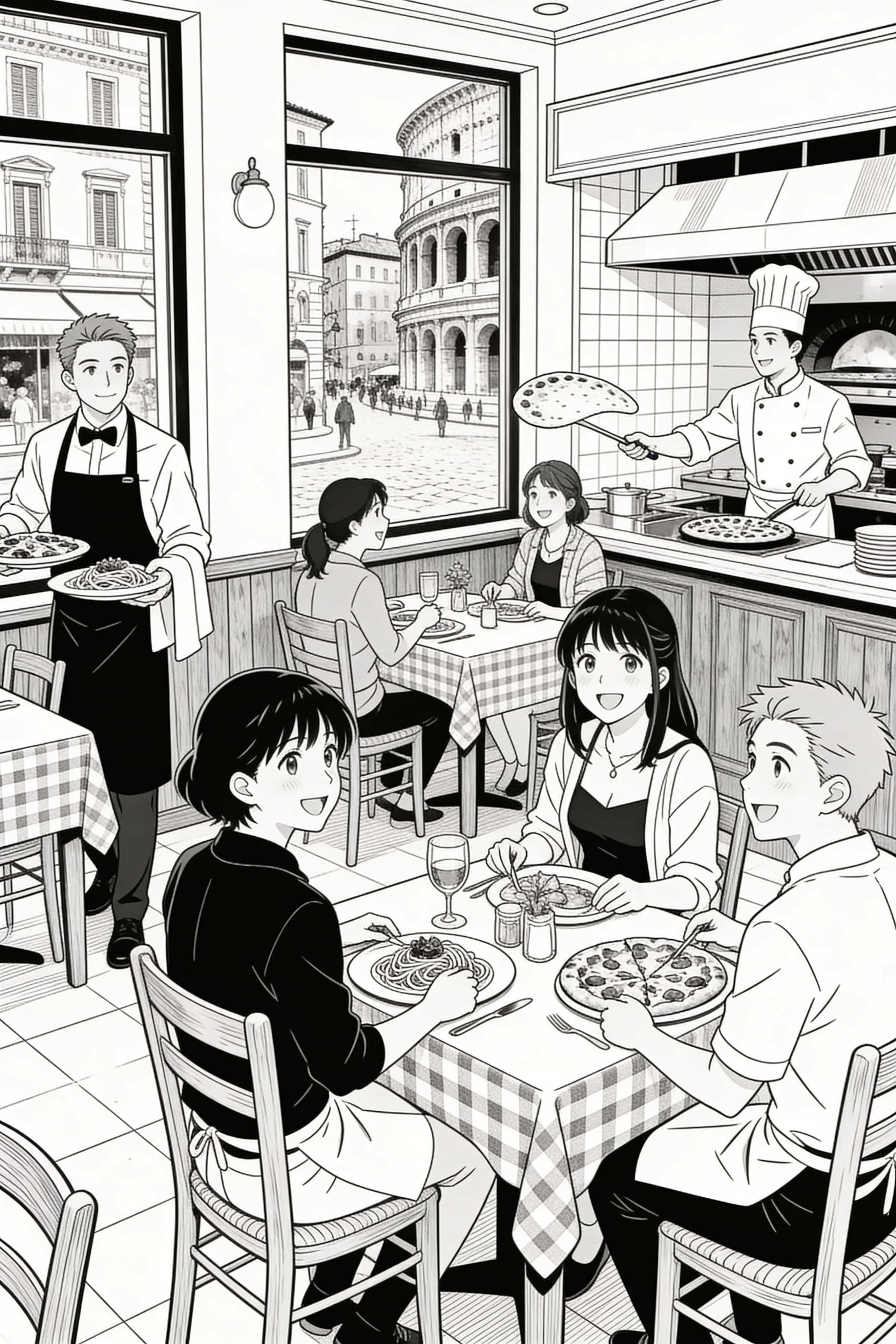 Anime-style Italian restaurant in Rome coloring page