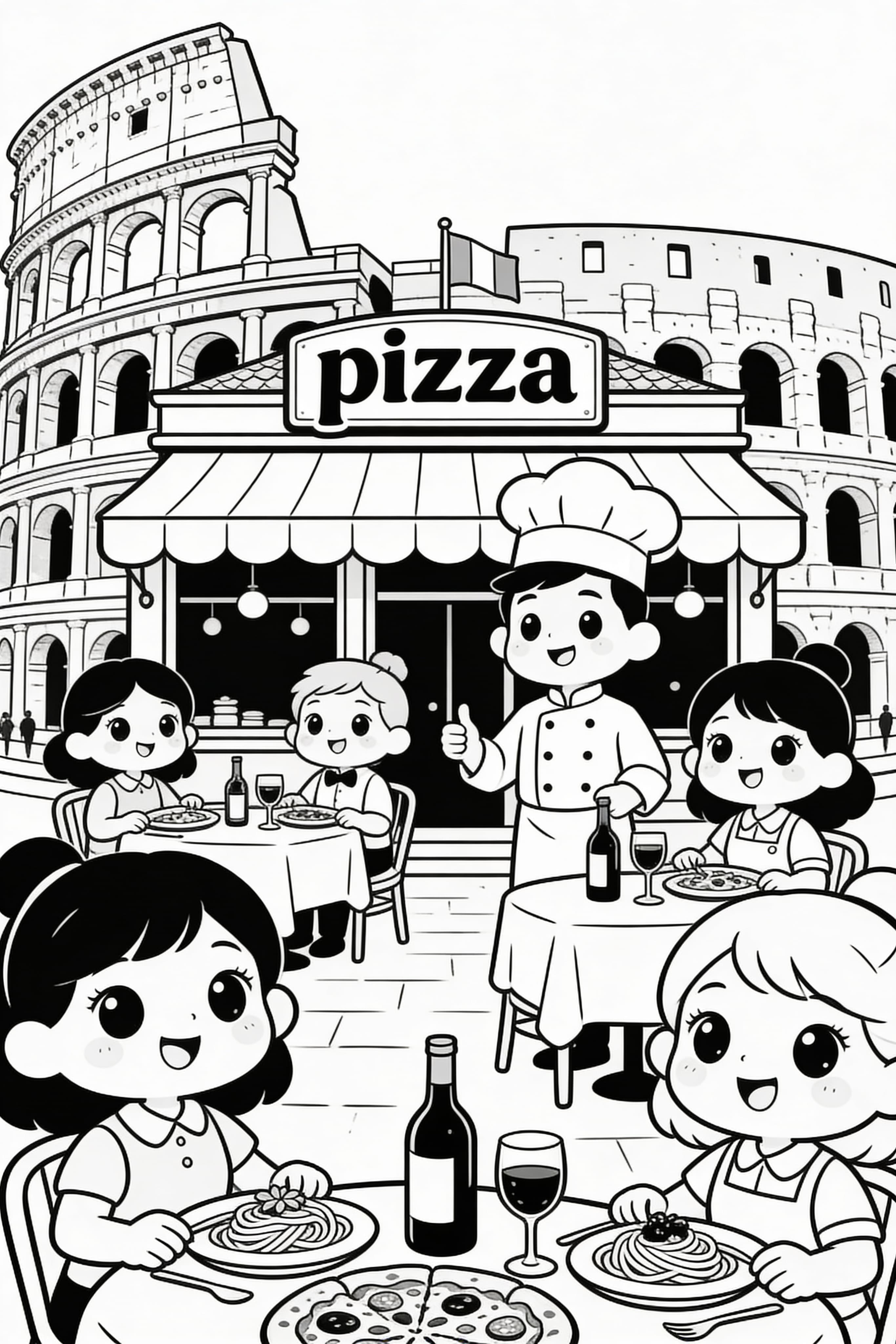Cute cartoon Italian restaurant in Rome coloring page for printing