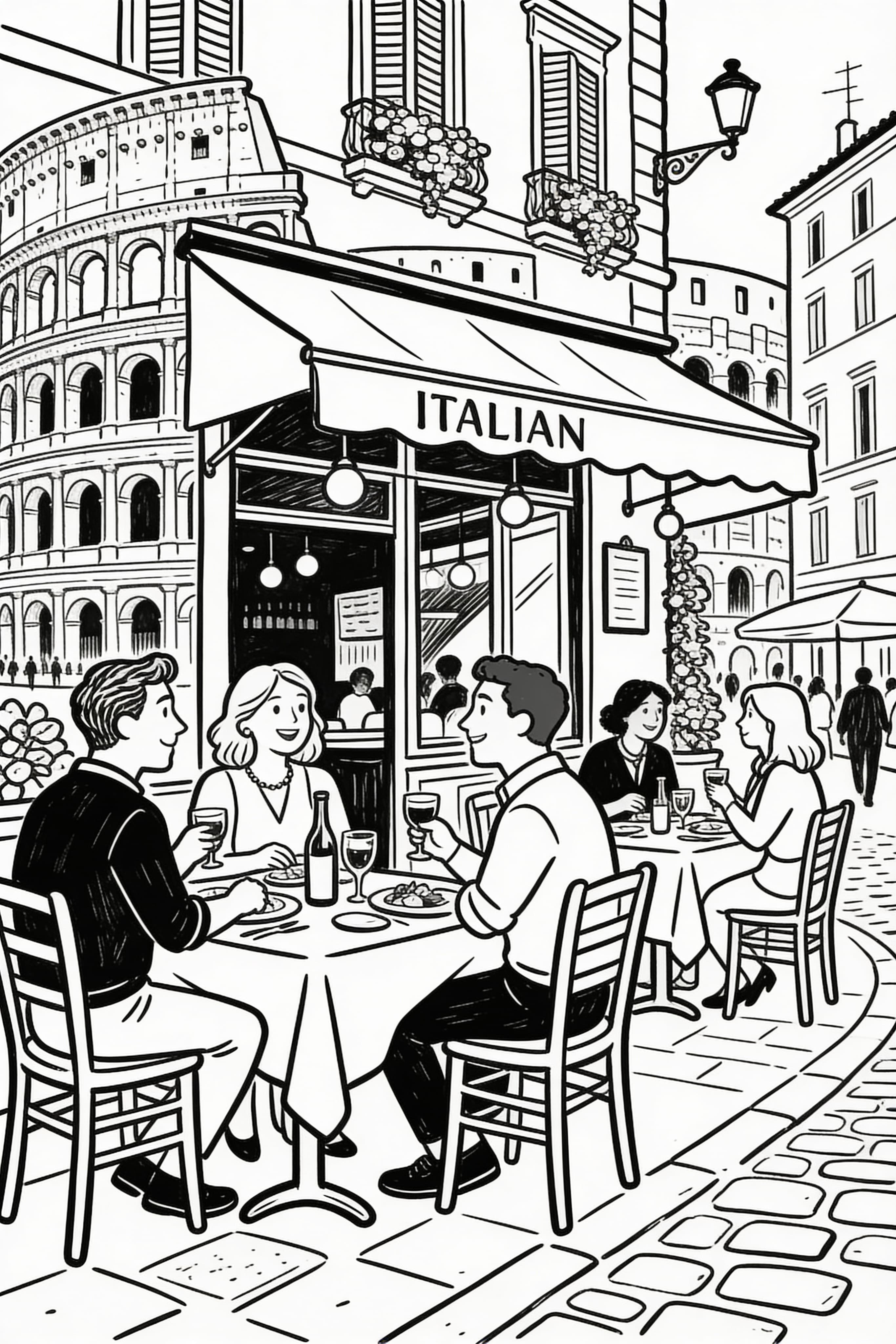 Printable coloring page of an Italian restaurant scene in Rome