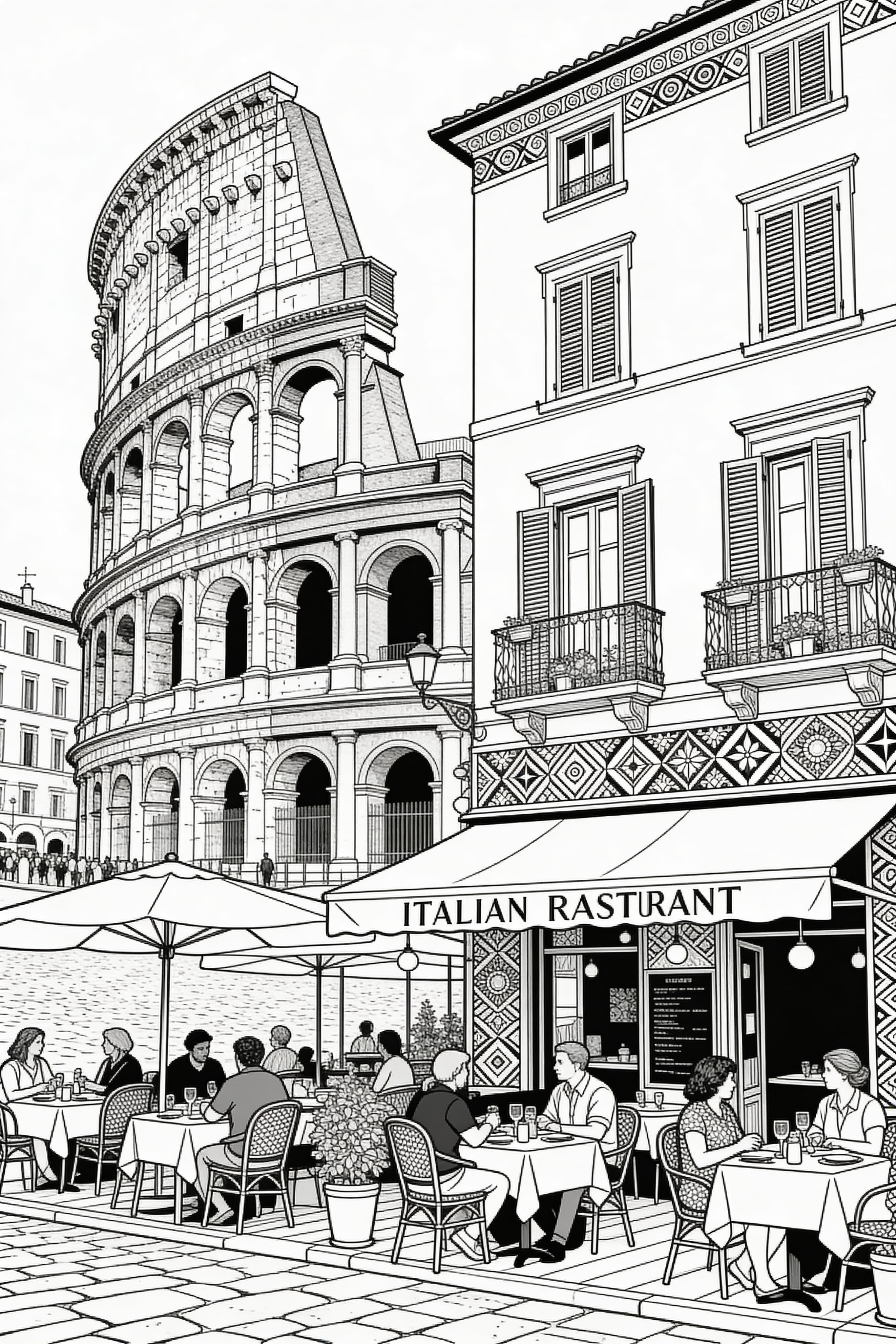 Italian Restaurant Coloring Page - Zentangle Style