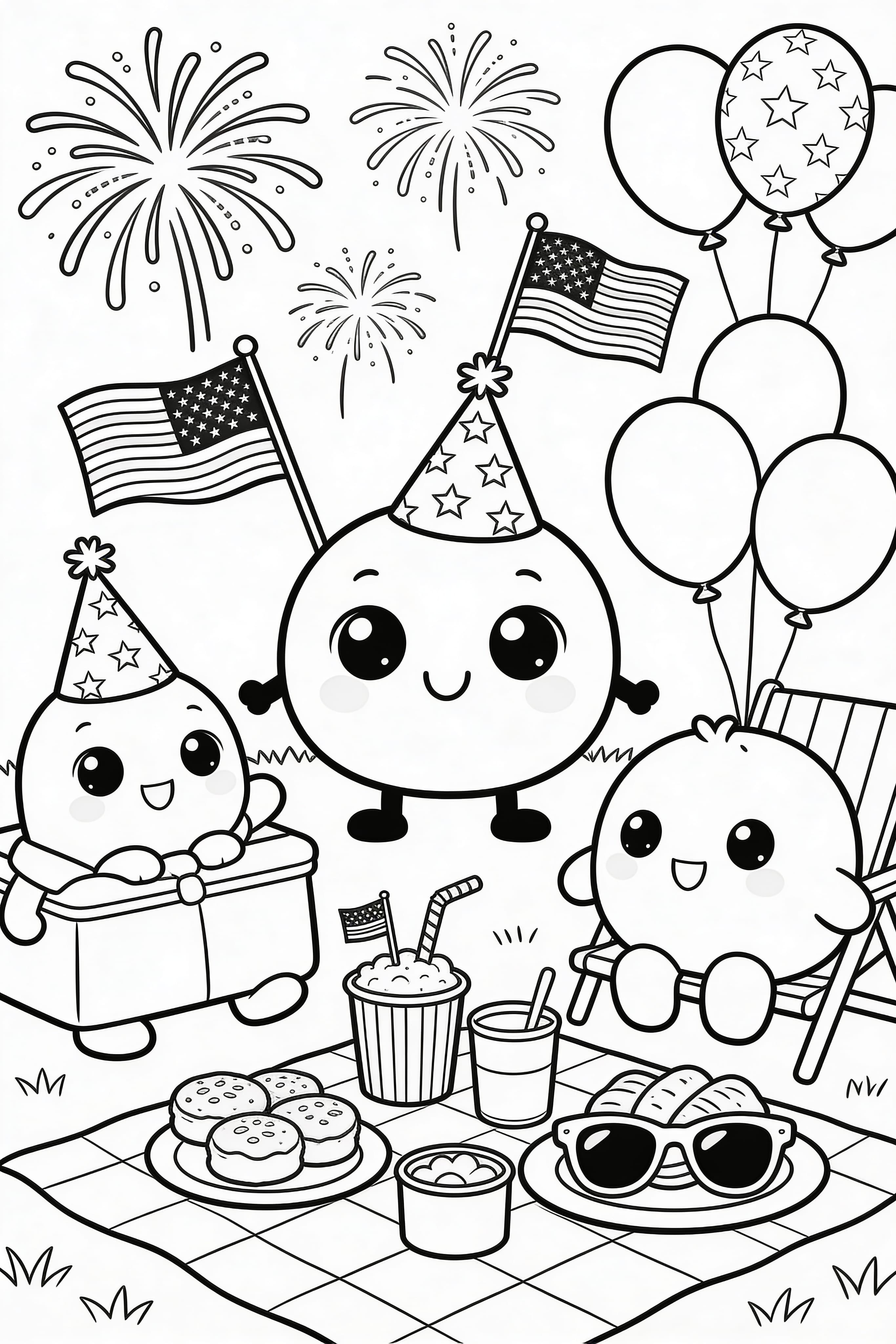 Cute cartoon Fourth of July celebration with fireworks and flags