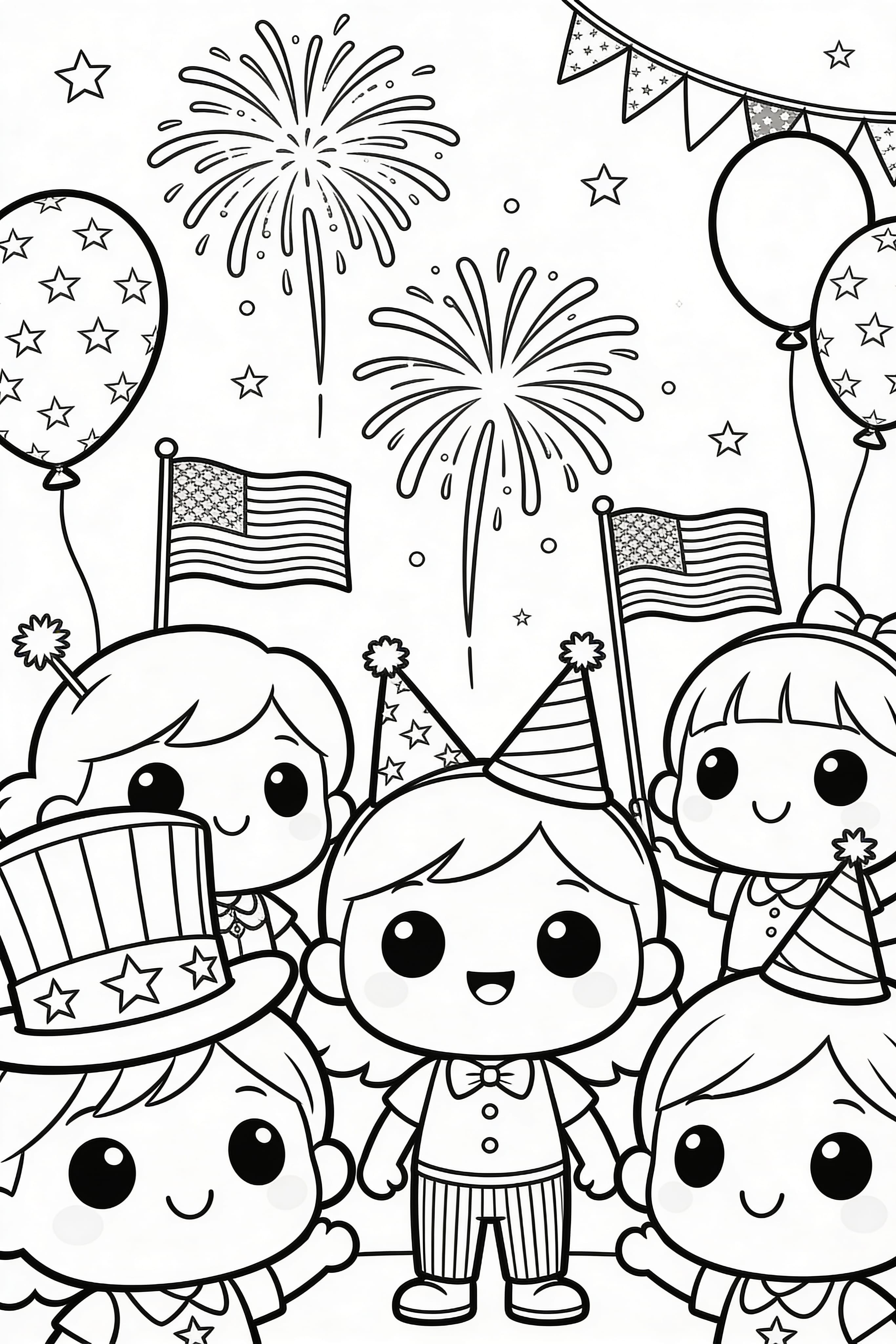 Cute cartoon Fourth of July celebration coloring page with festive elements