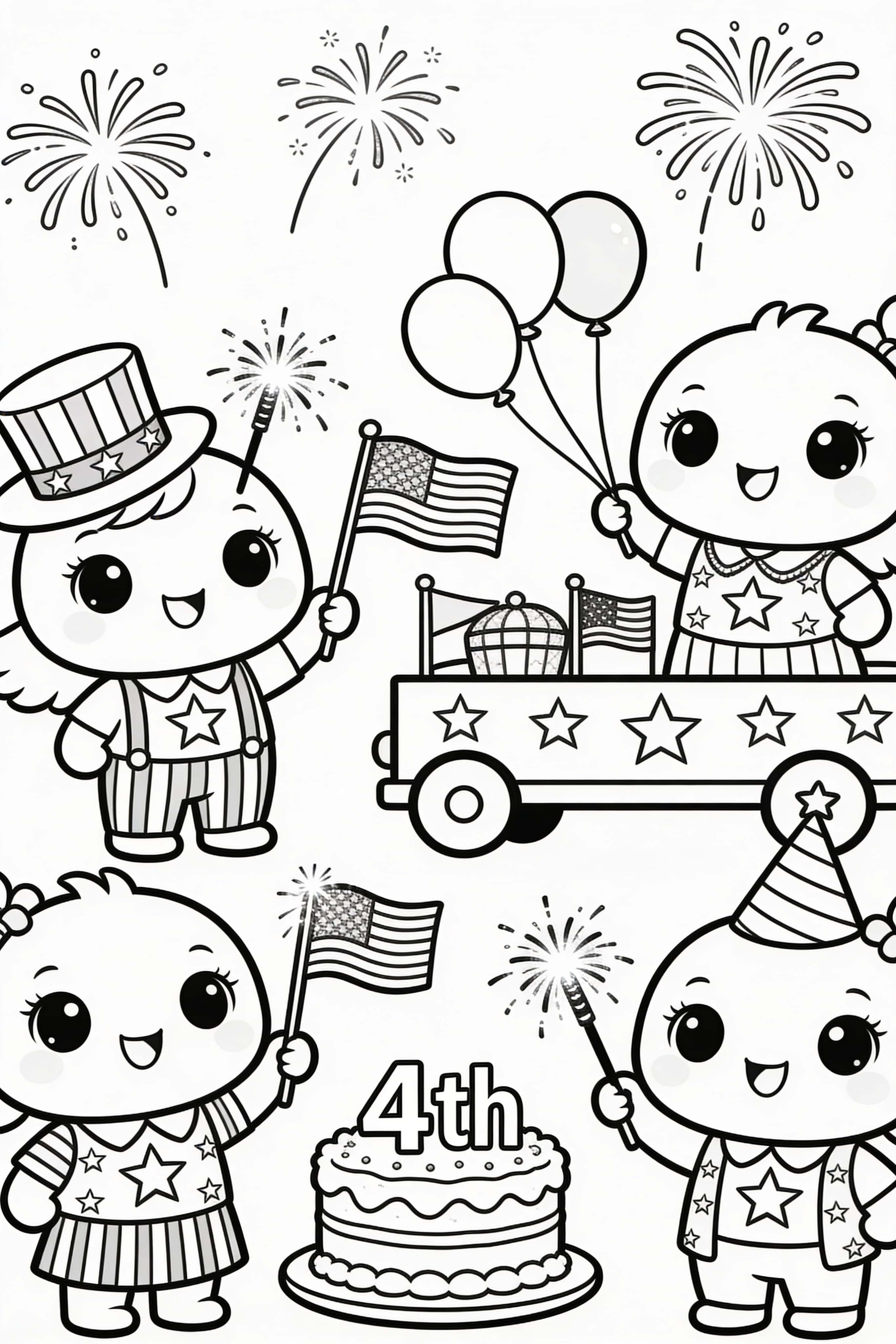 Cute cartoon style 4th of July celebration coloring page with fireworks and flags