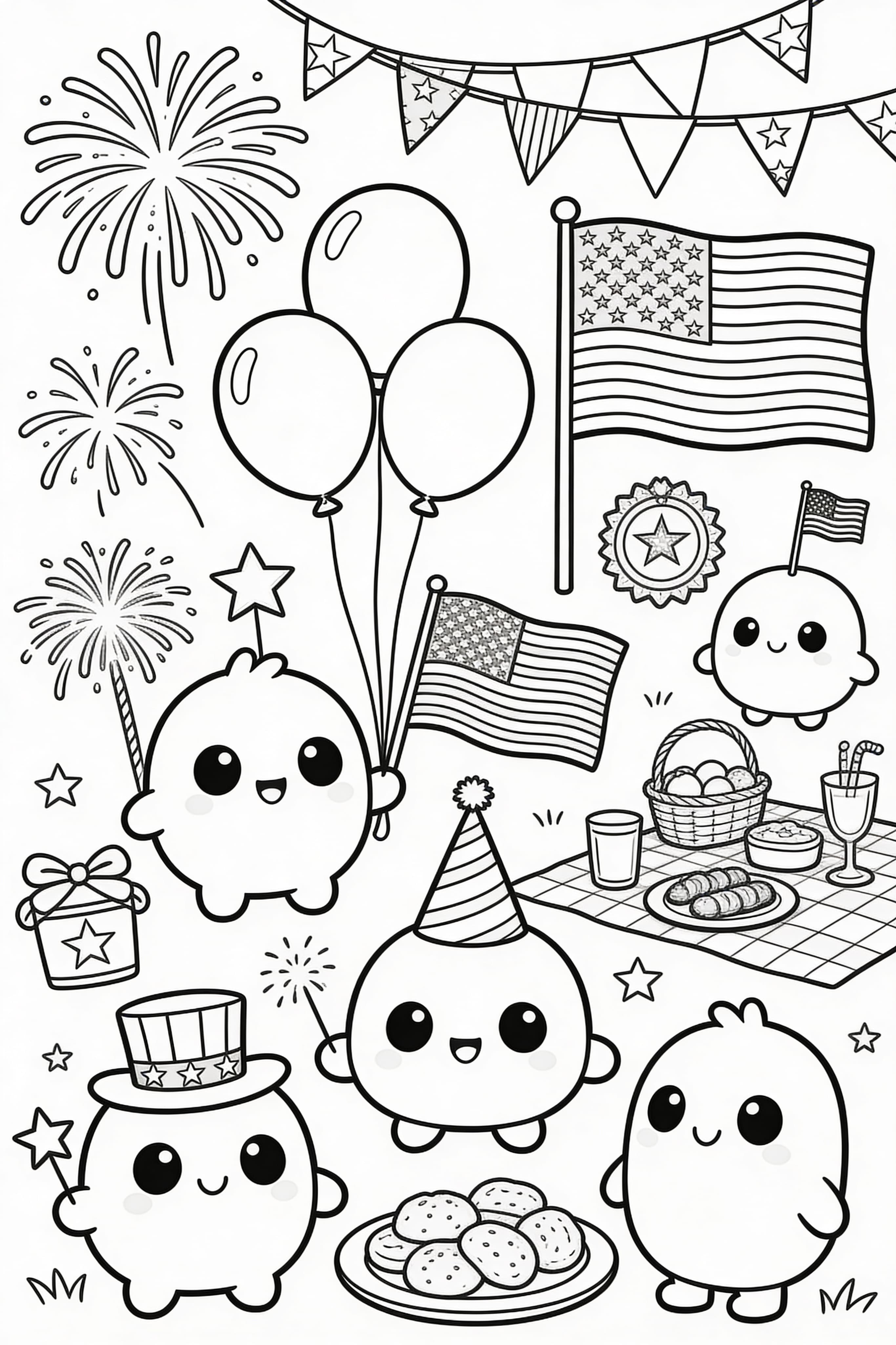 Cute Cartoon 4th of July Coloring Page Free