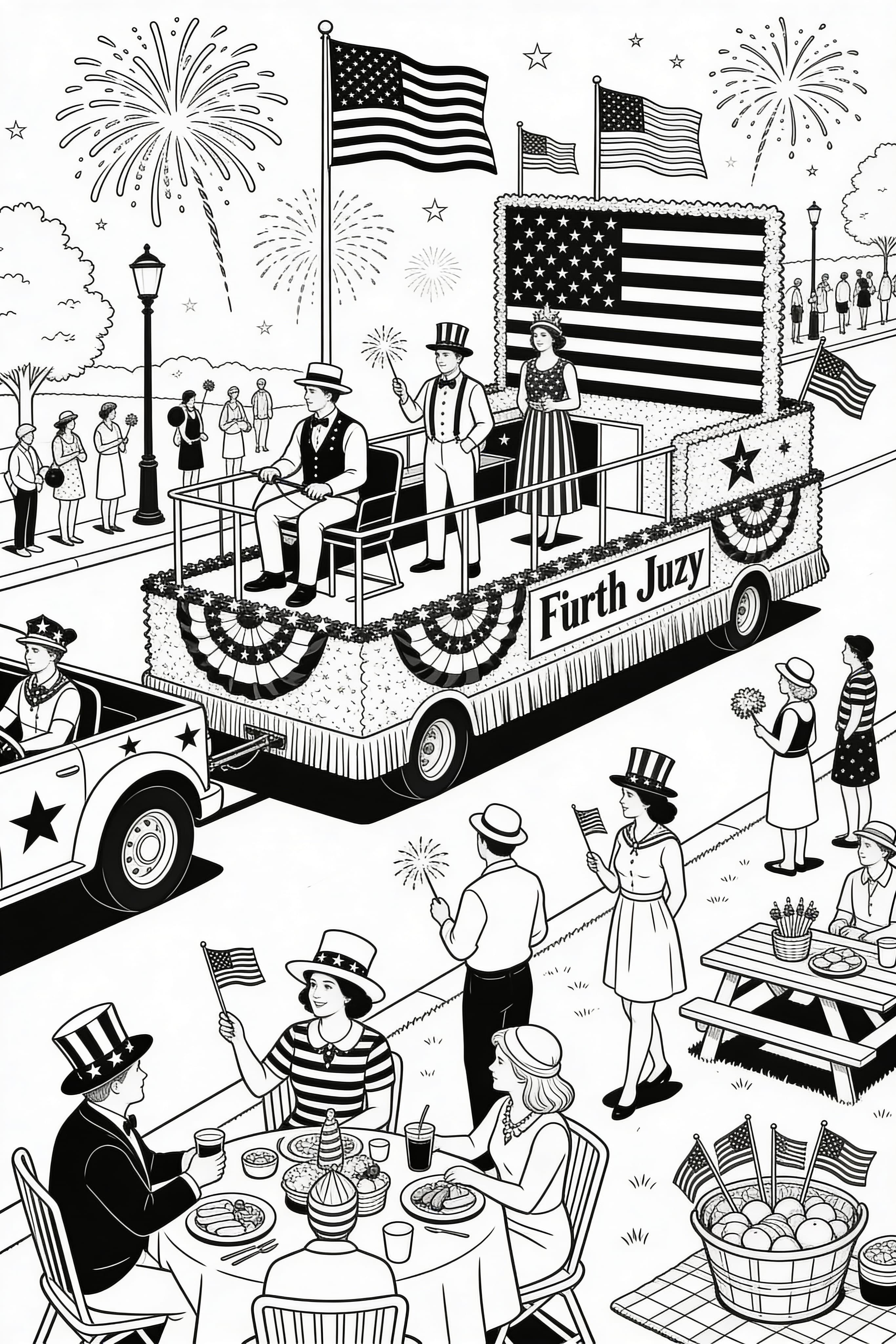 Detailed Fourth of July celebration coloring page for adults