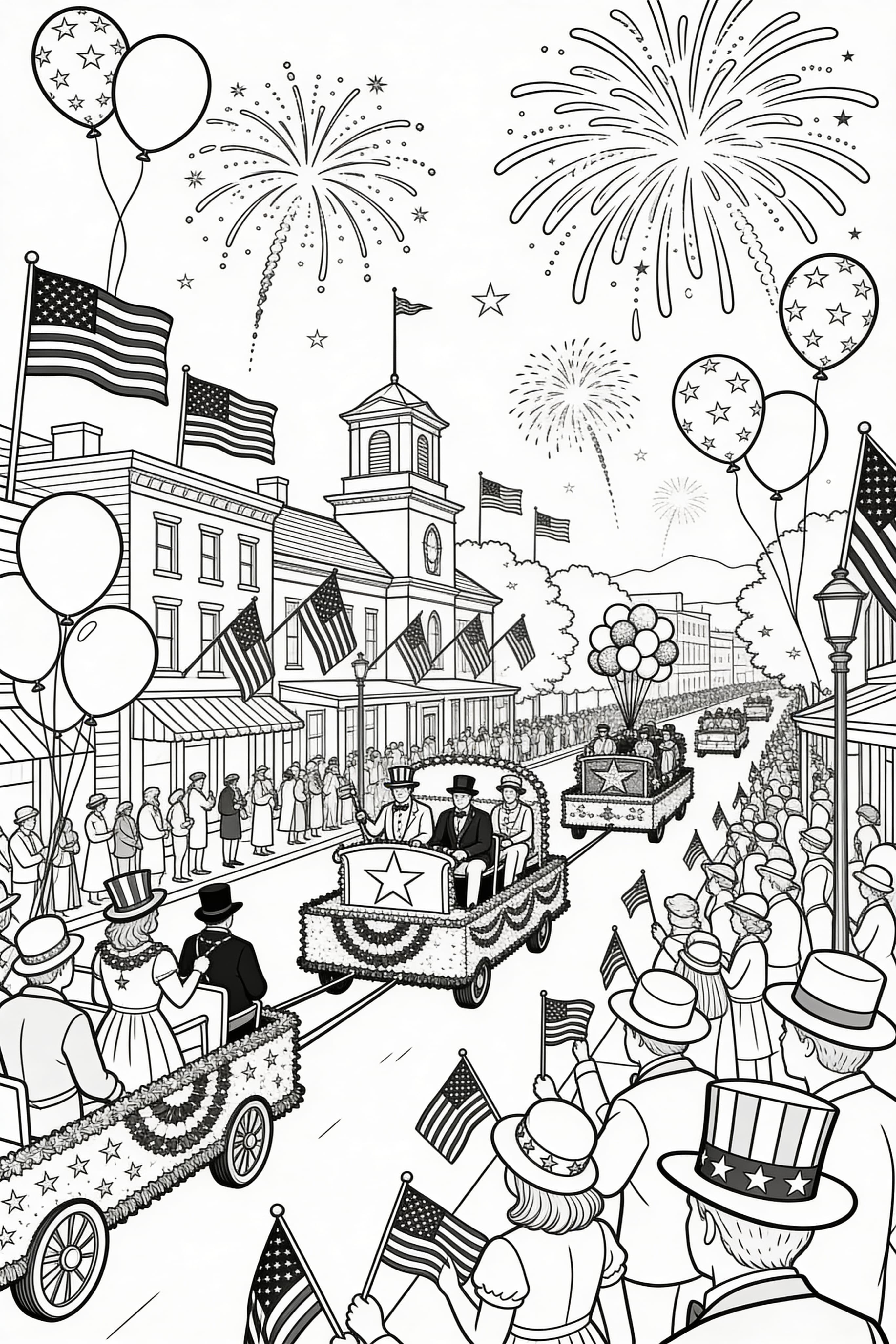Detailed adult coloring page featuring Fourth of July celebration elements
