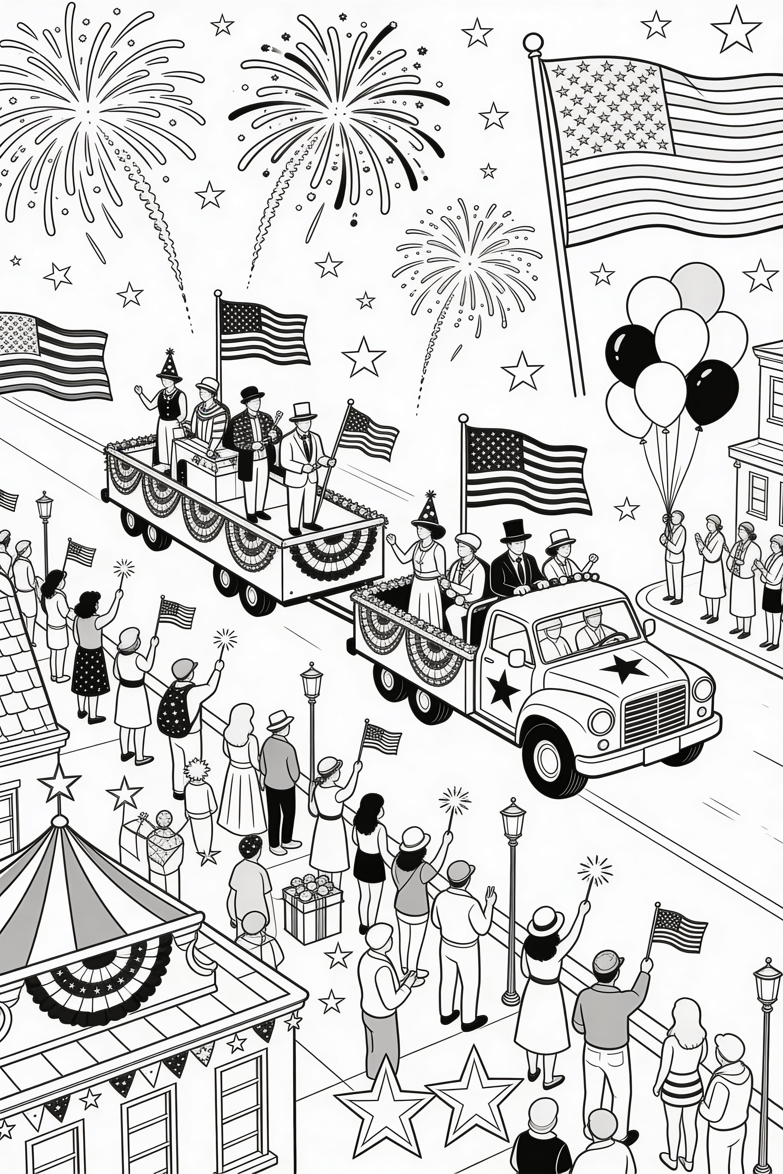 Detailed Fourth of July celebration coloring page for adults