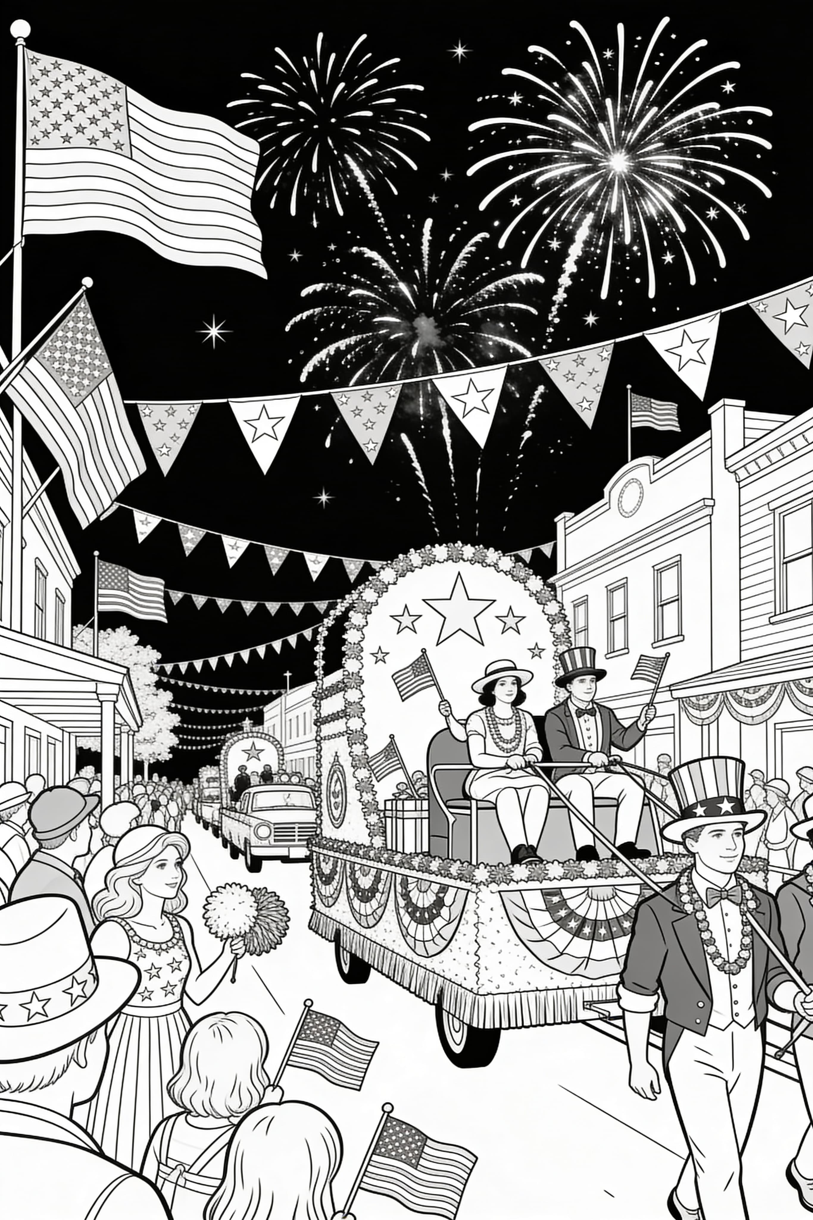 Detailed Fourth of July celebration coloring page for adults to print