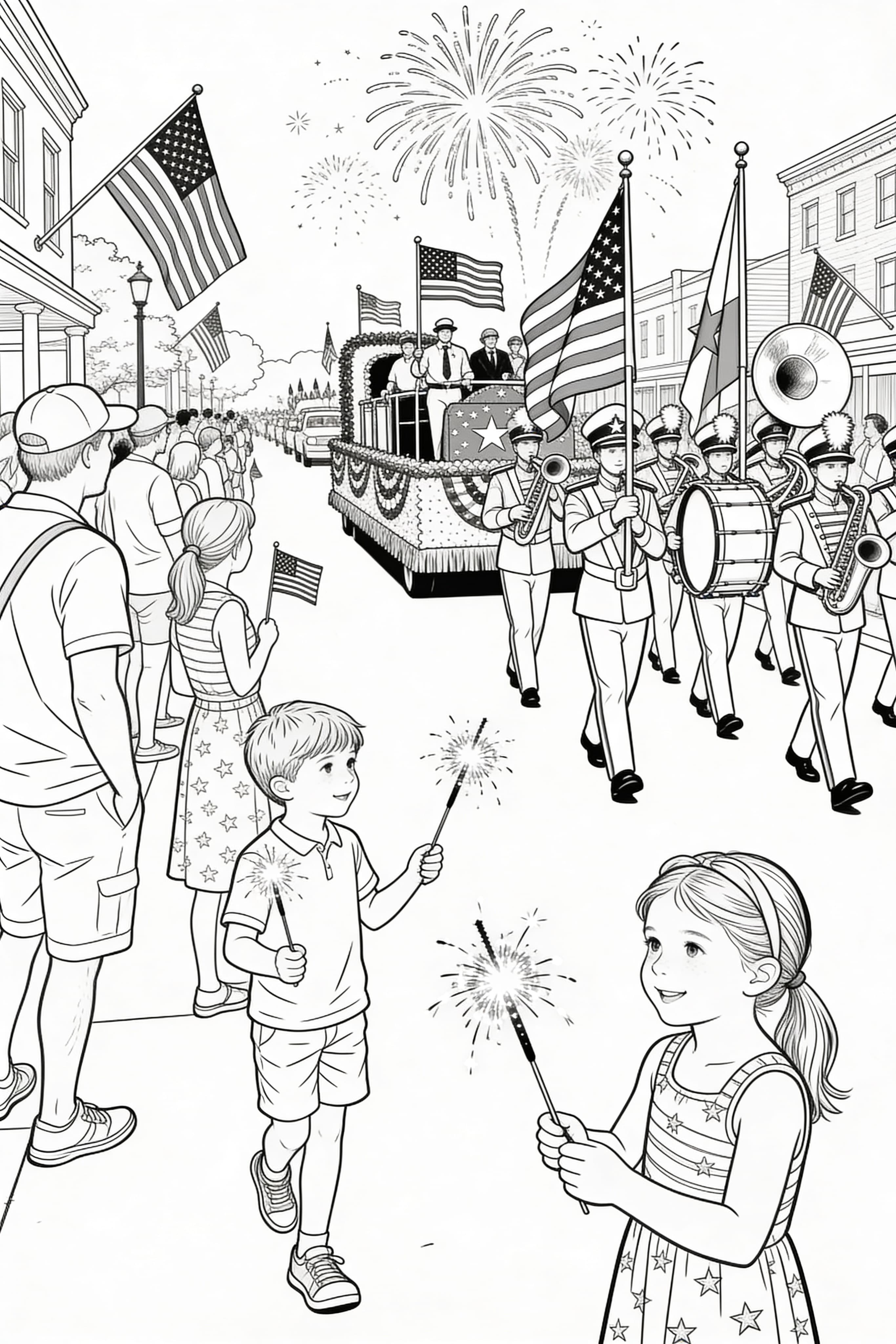 Realistic Fourth of July celebration with fireworks and flags coloring page