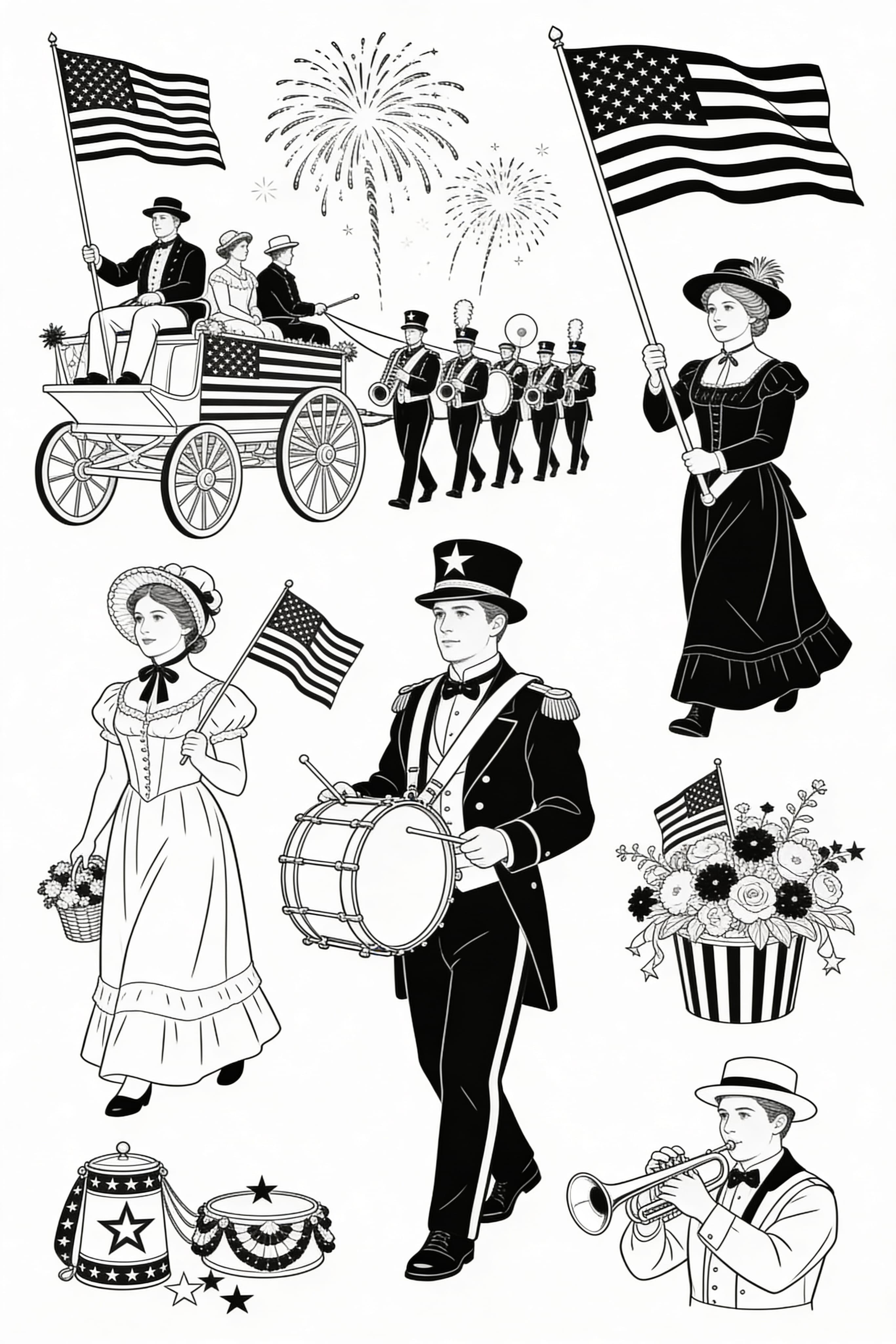 Realistic Fourth of July celebration coloring page with fireworks and flags
