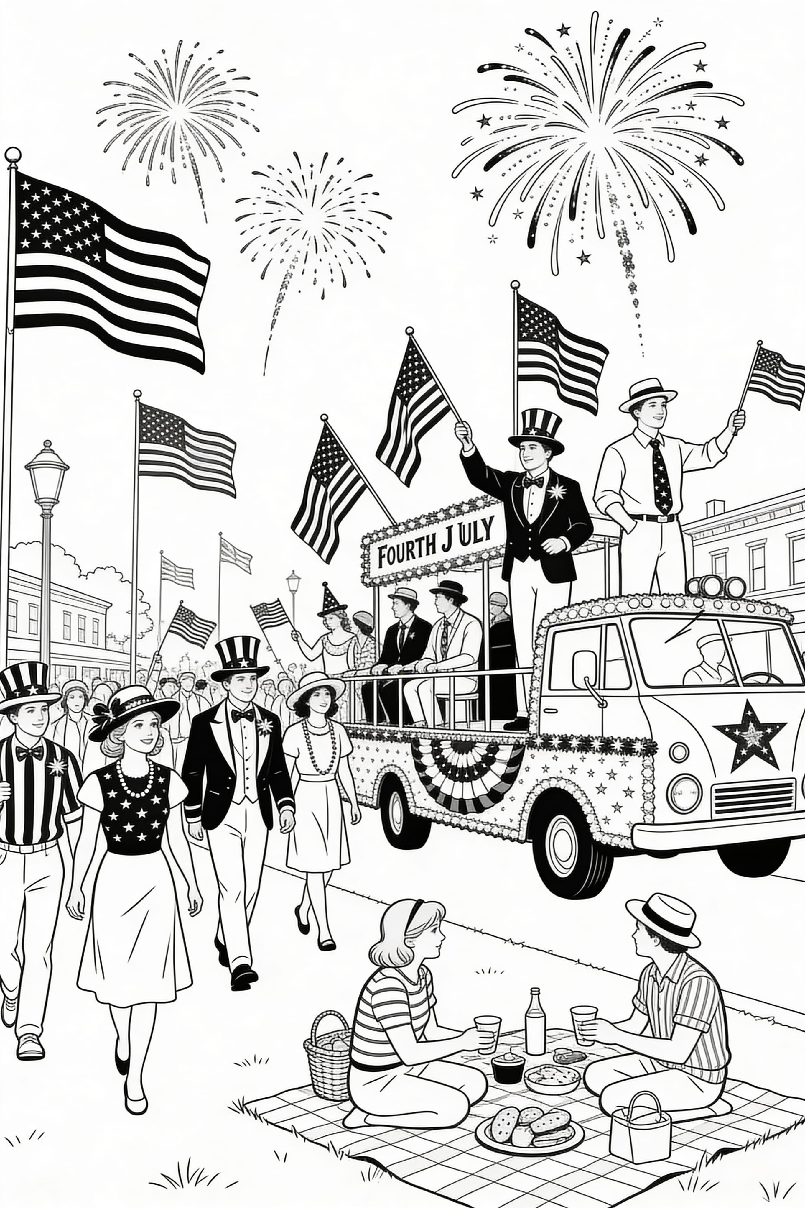 Realistic Fourth of July celebration scene with fireworks and flags