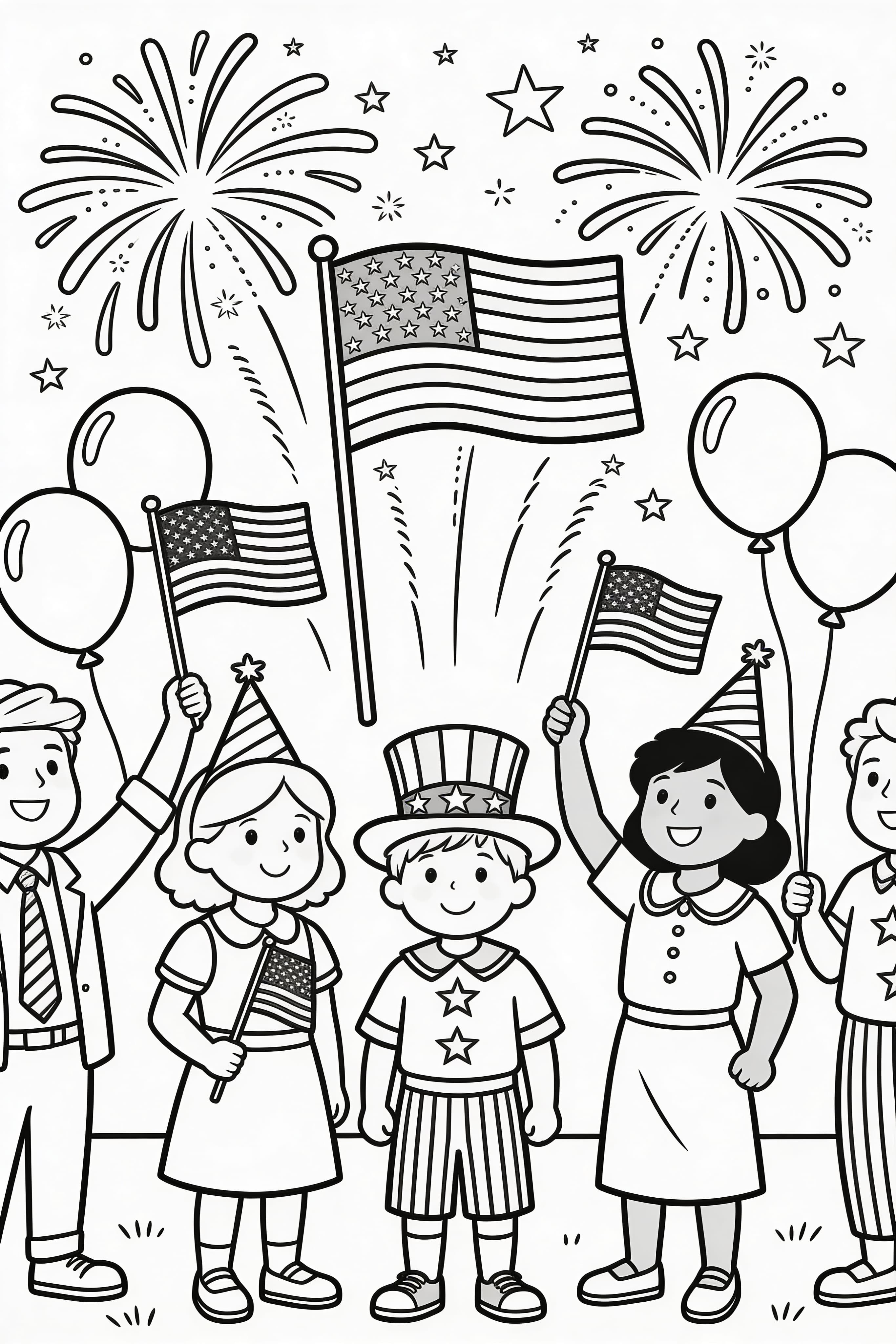 Printable Fourth of July celebration coloring page for kids