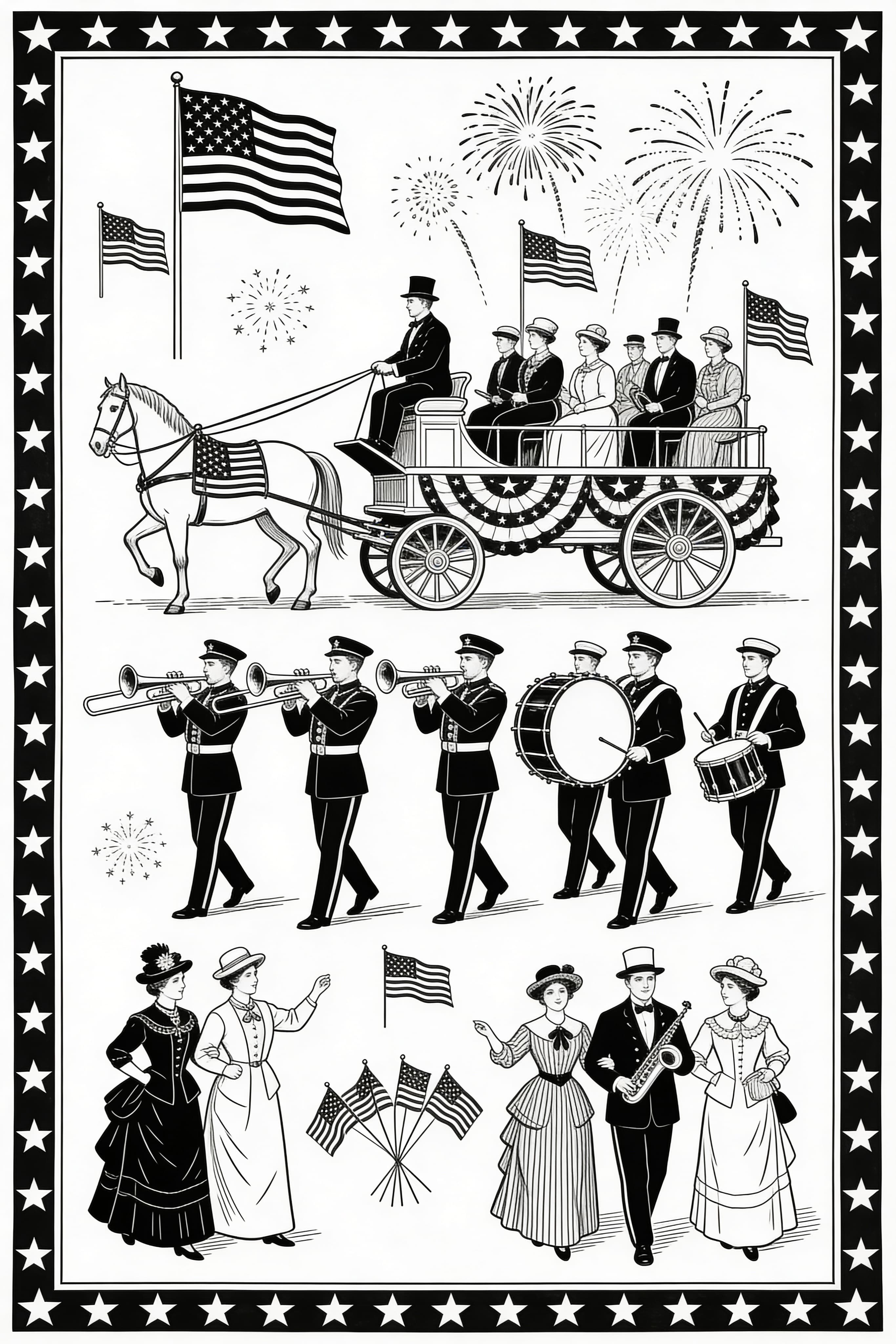 A vintage style Fourth of July celebration coloring page with classic American symbols