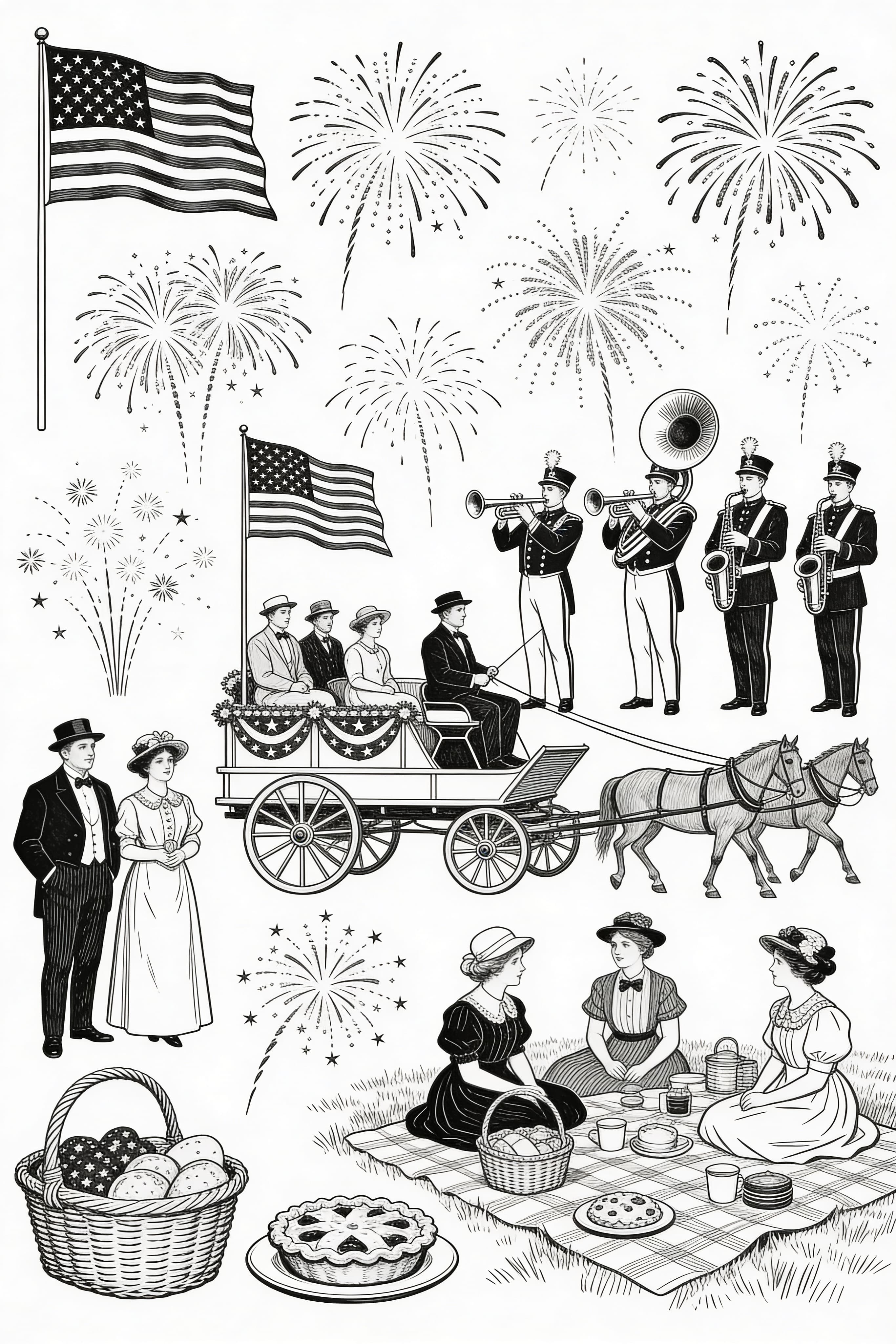Vintage-style Fourth of July celebration free printable coloring page