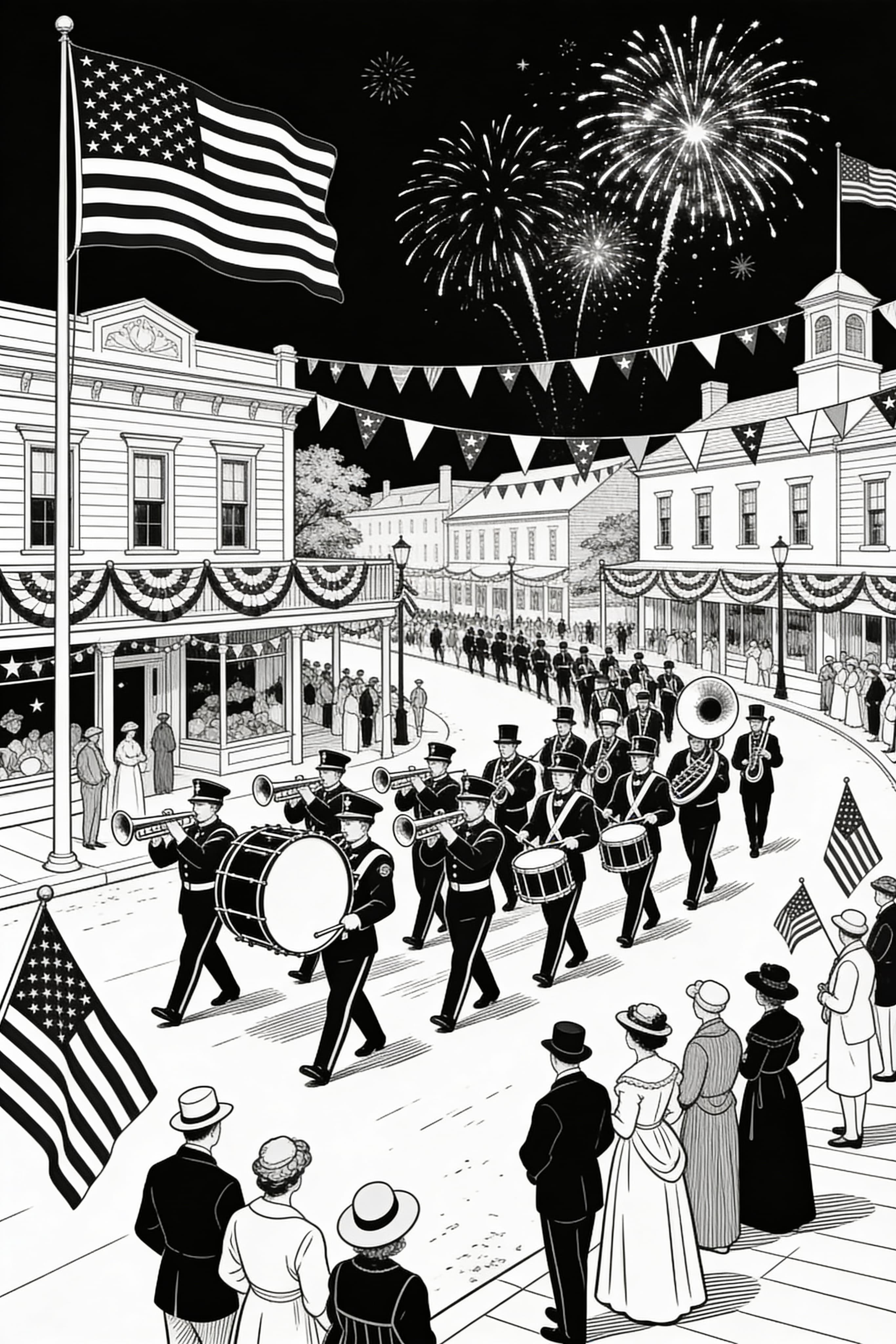 Vintage style Fourth of July celebration coloring page with classic American symbols.
