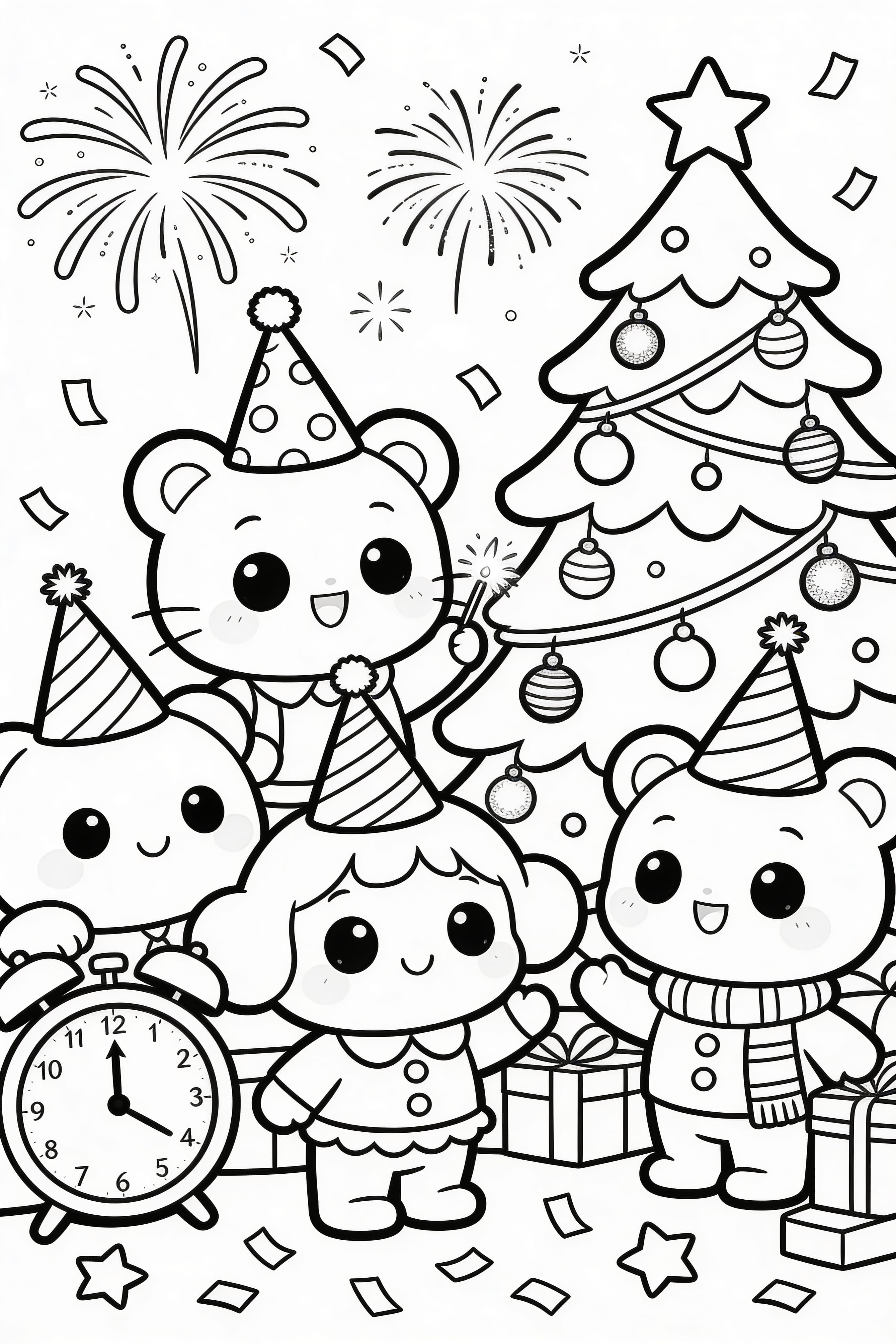 Cute Cartoon style New Year's Eve celebration coloring page with festive elements