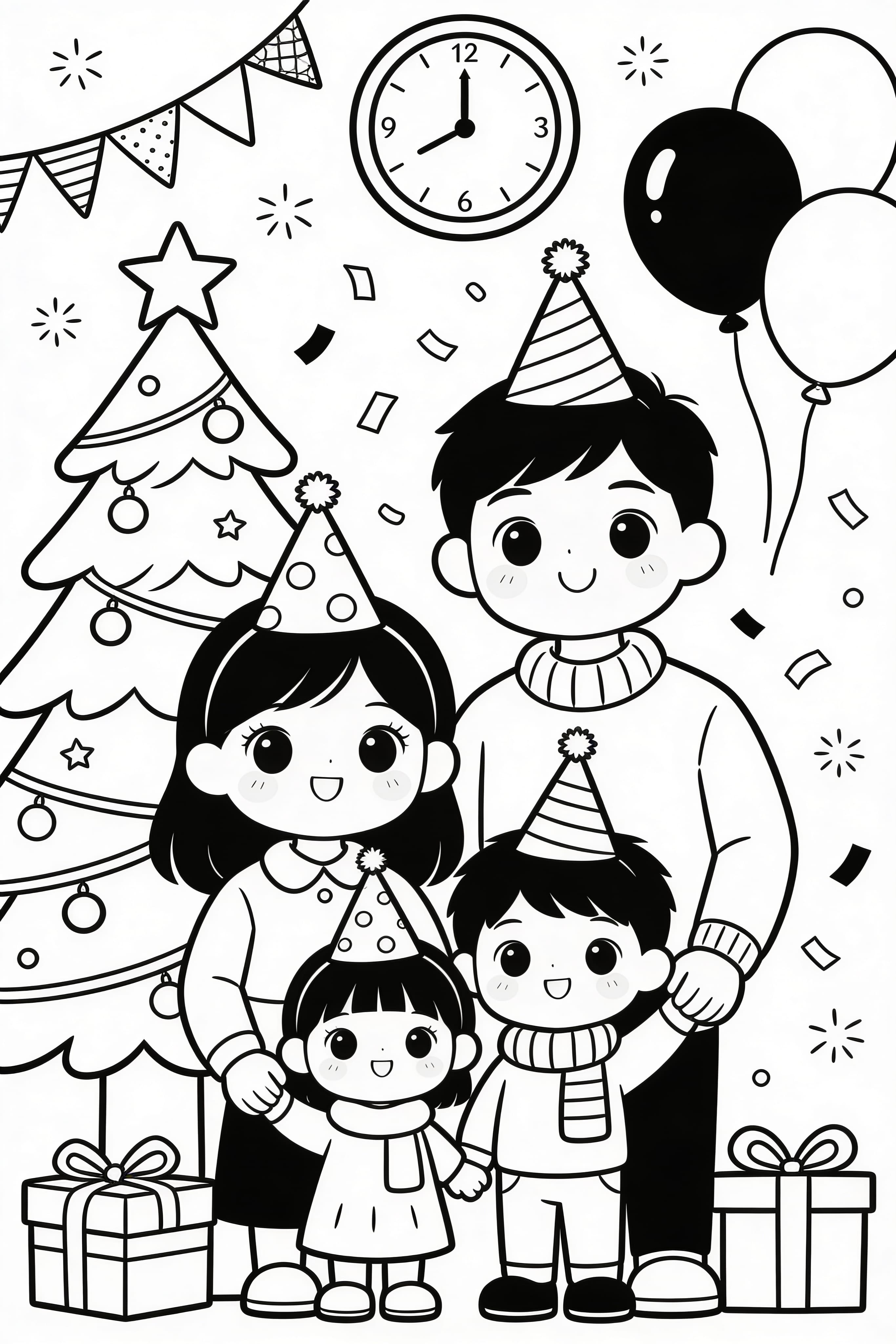 Cute Cartoon New Year's Eve Coloring Page