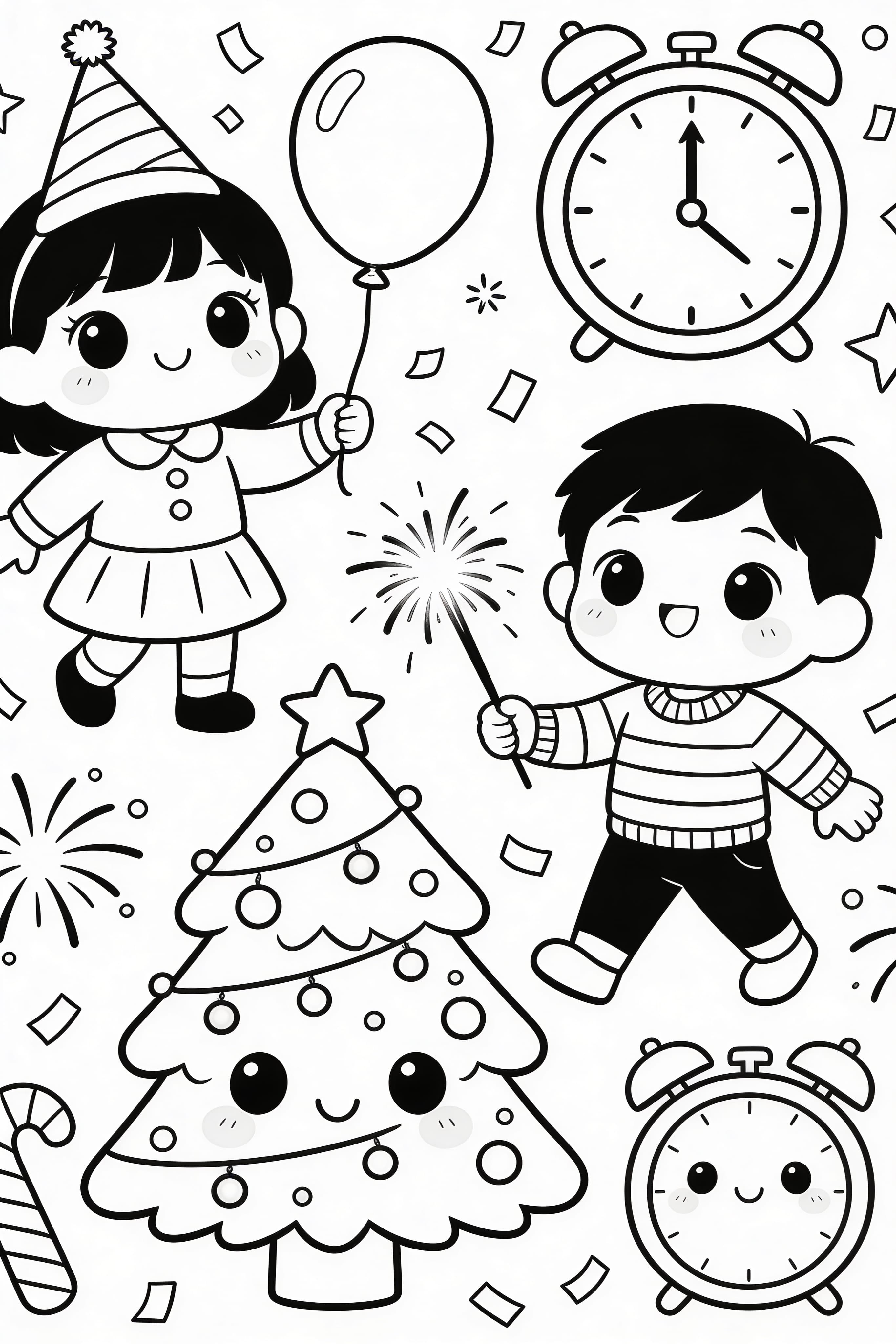 Cute Cartoon New Year's Eve Coloring Page