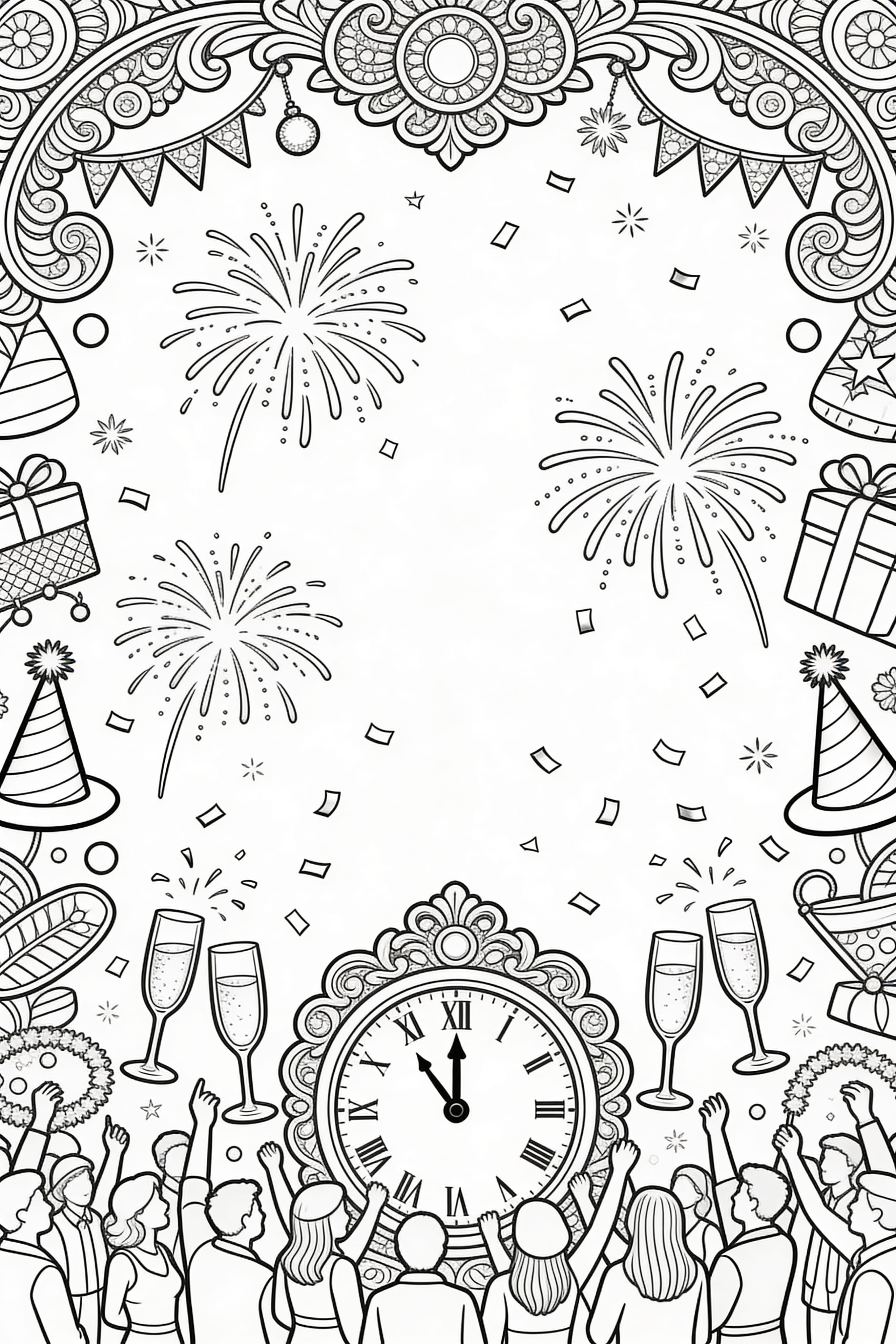 Detailed New Year's Eve celebration coloring page for adults