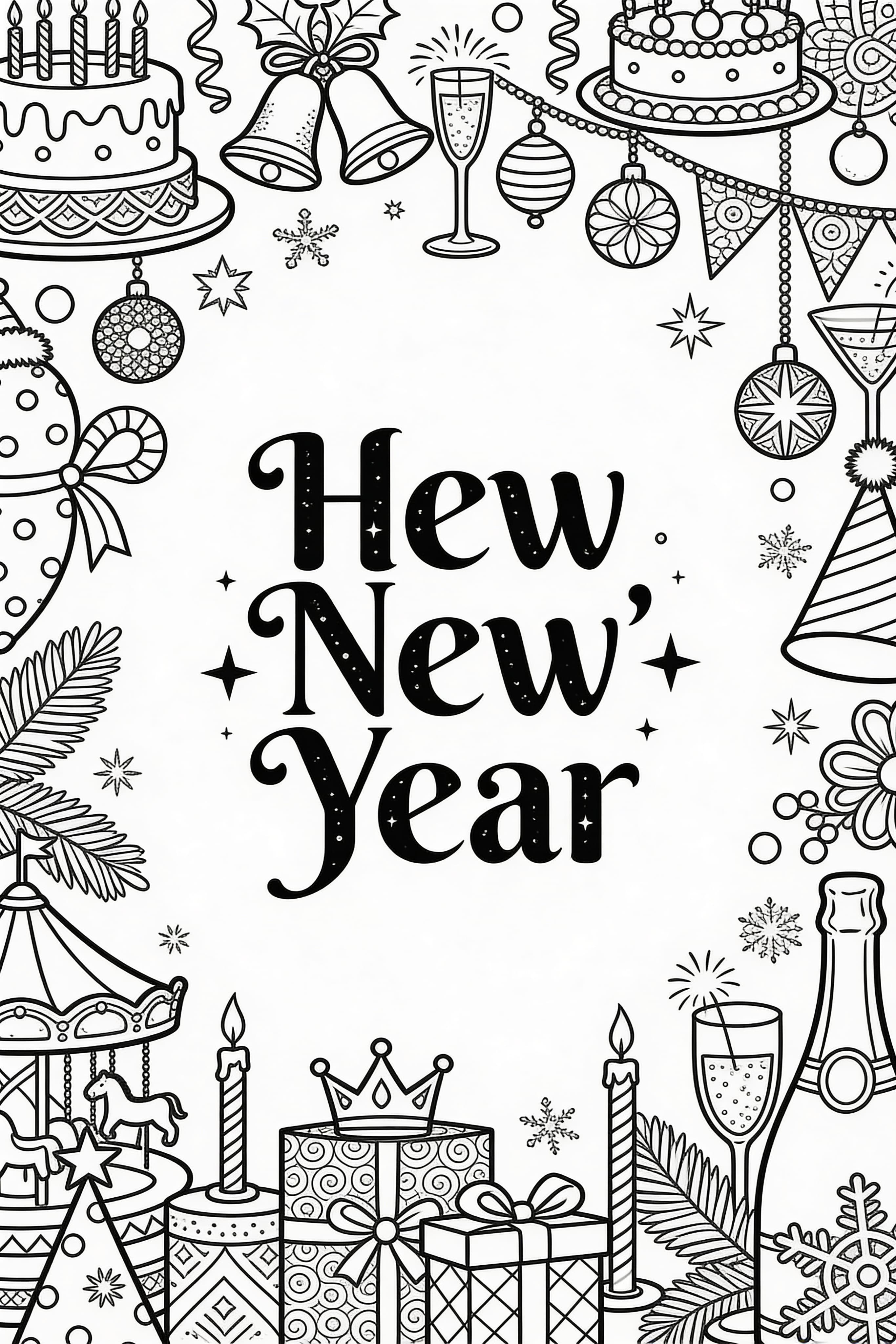 Detailed New Year's Eve celebration coloring page for adults