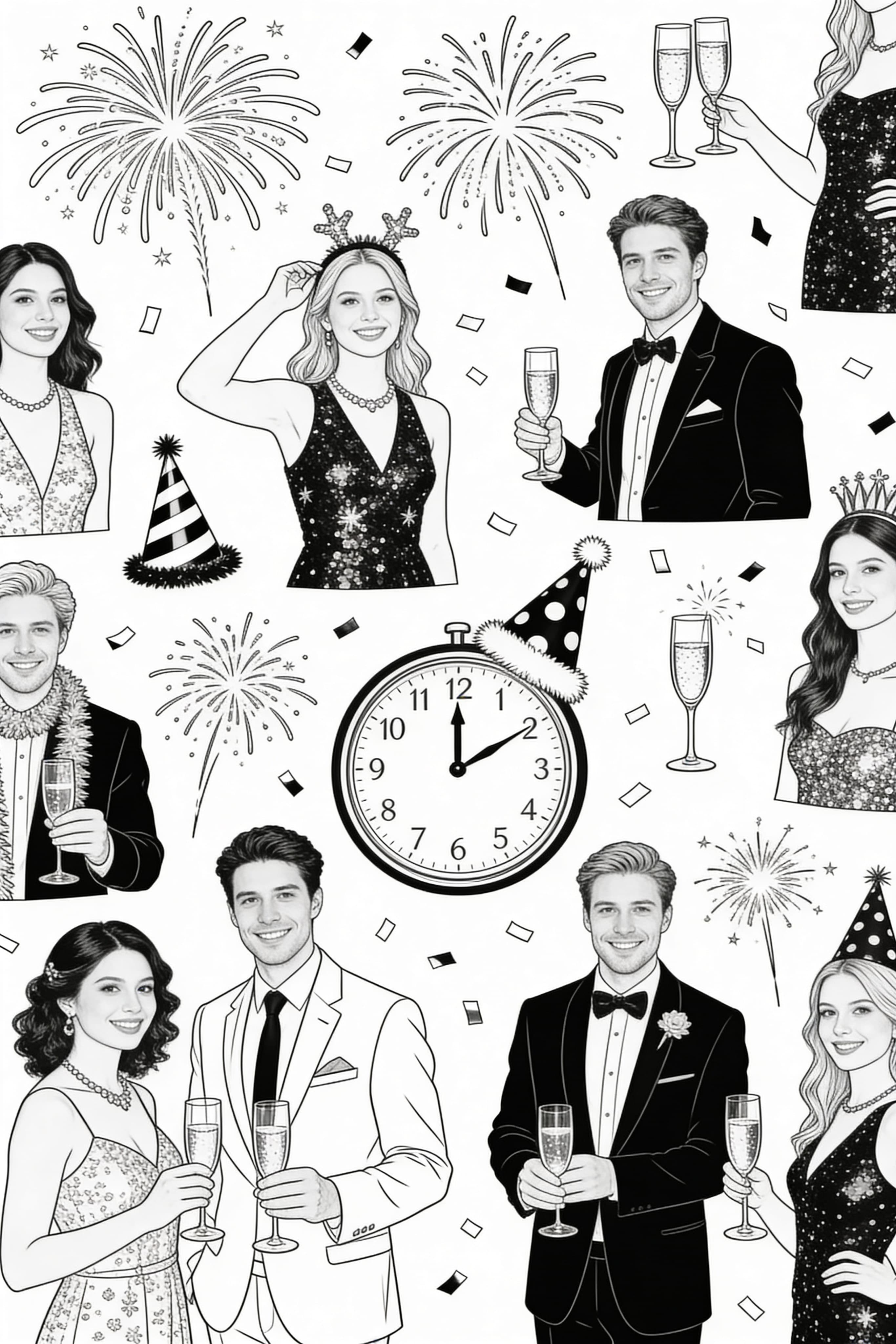 Realistic New Year's Eve celebration coloring page with fireworks and party scene