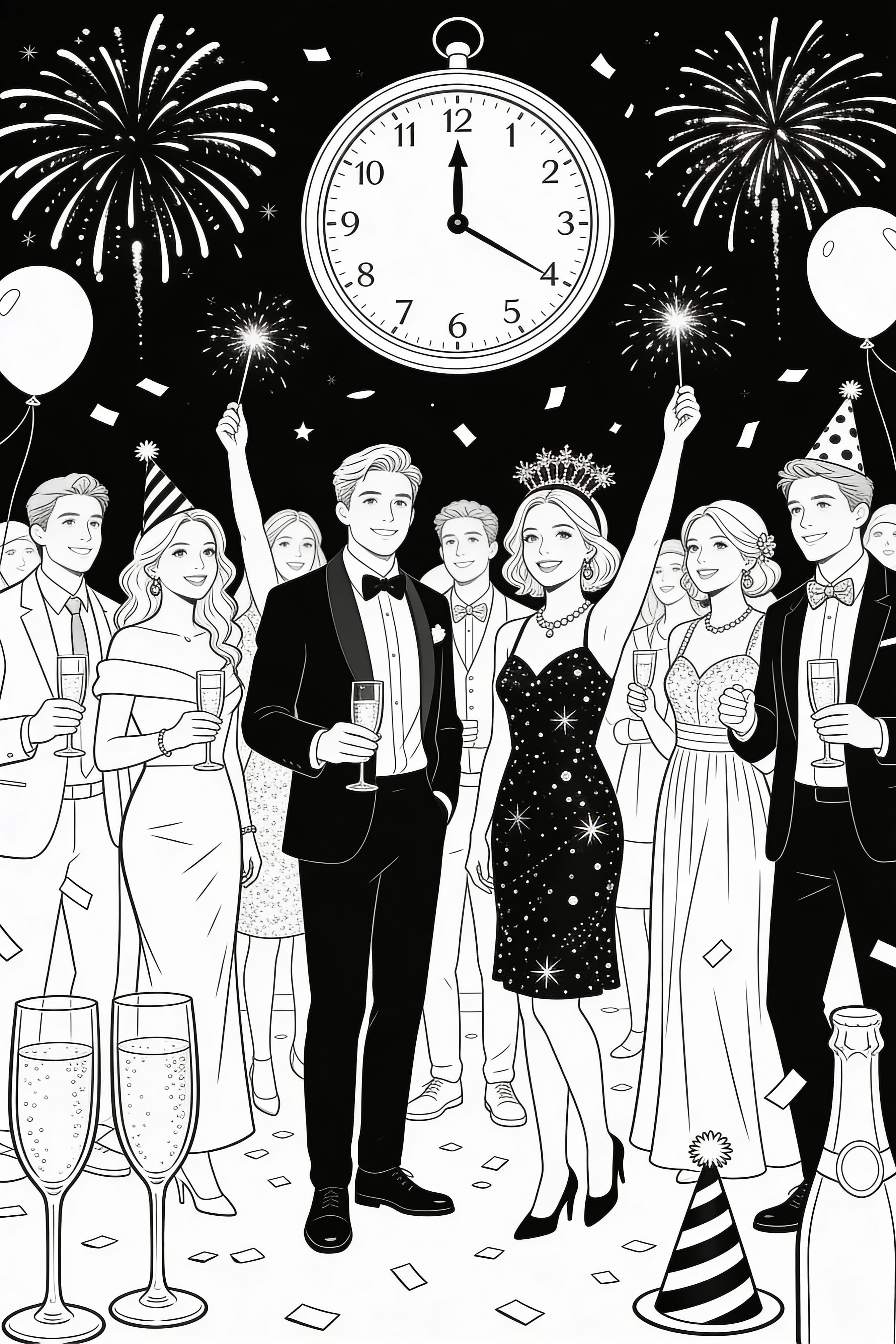 Realistic style New Year's Eve celebration scene coloring page