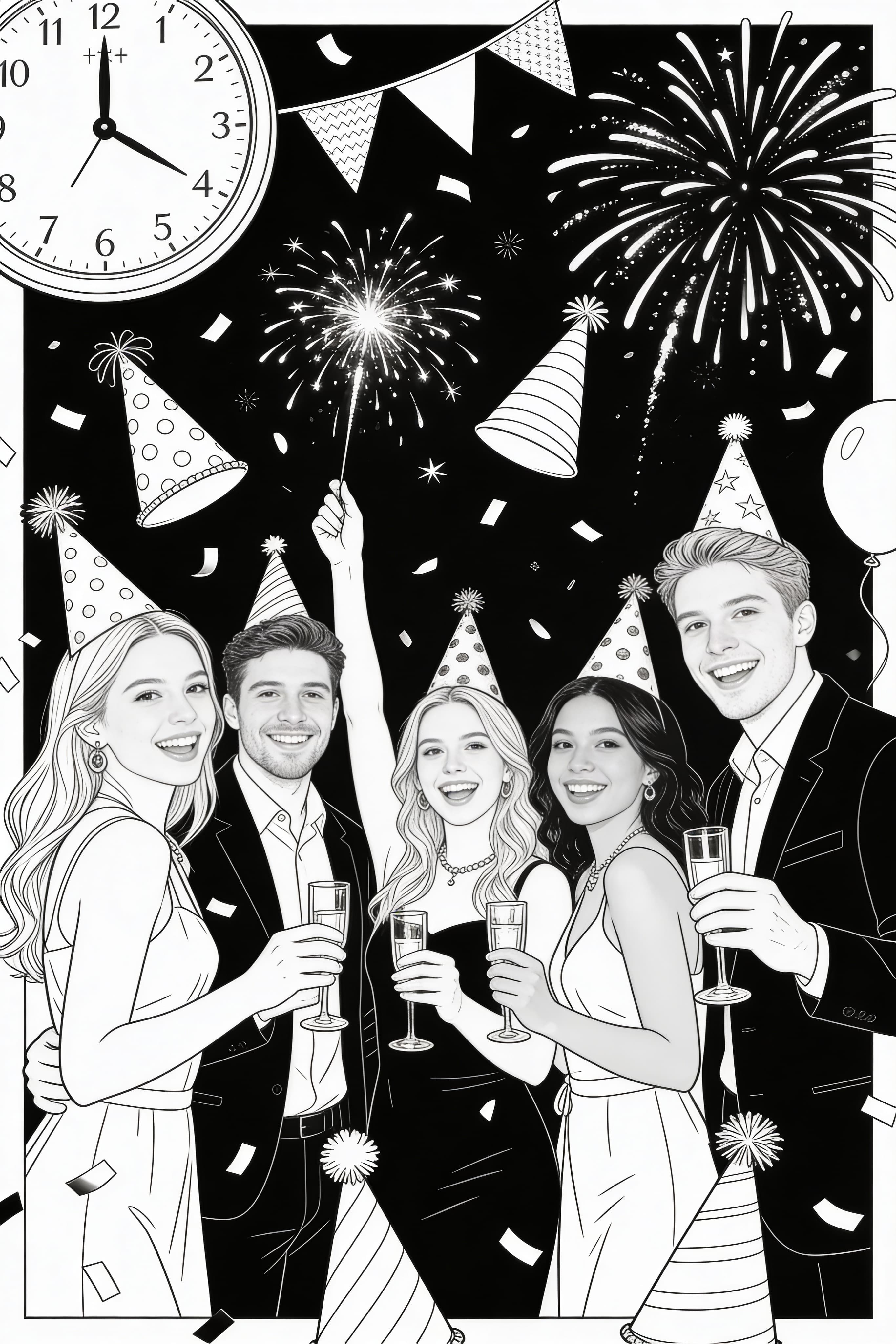 Realistic New Year's Eve celebration scene with fireworks and party elements