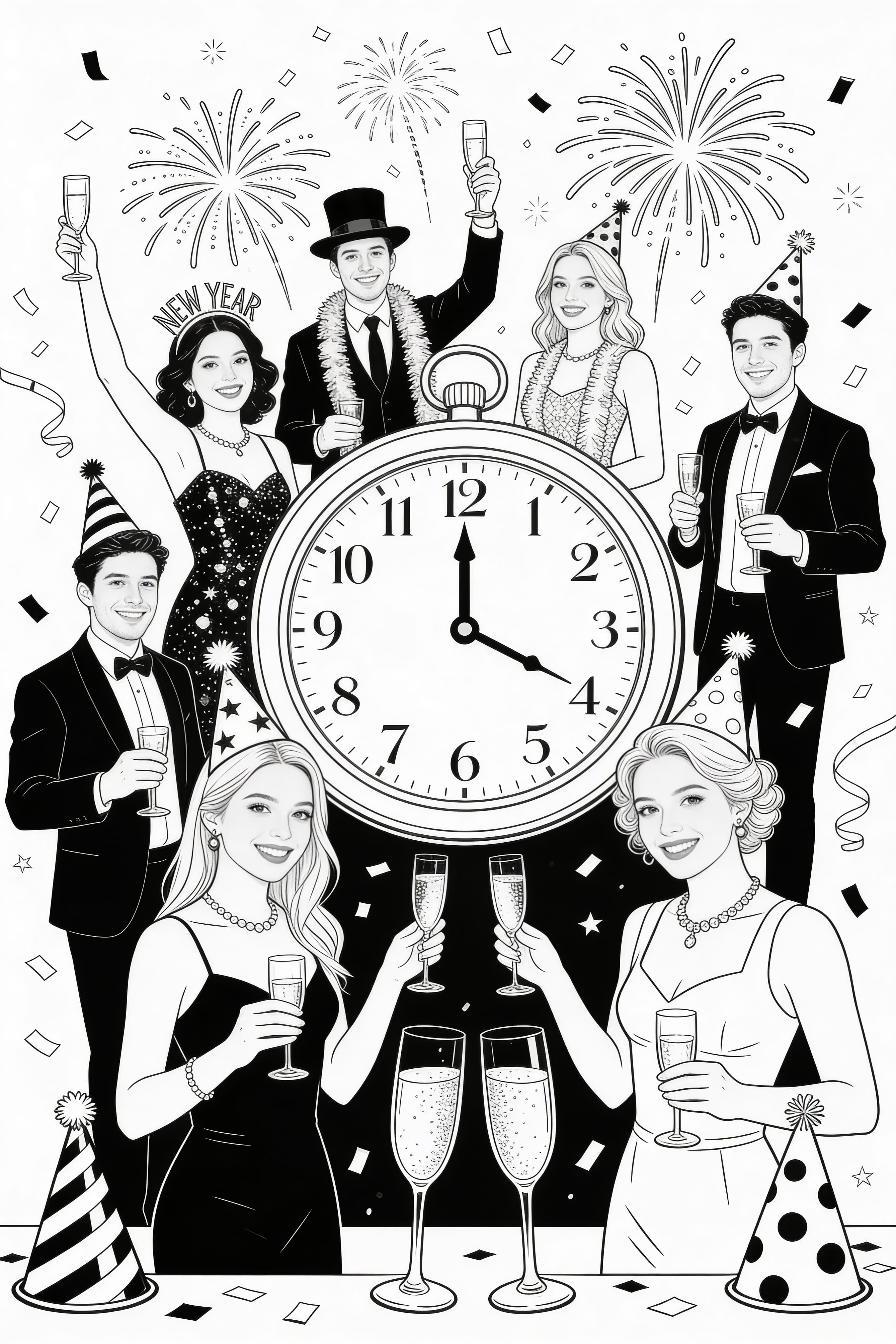 Realistic New Year's Eve celebration coloring page with fireworks and festive elements