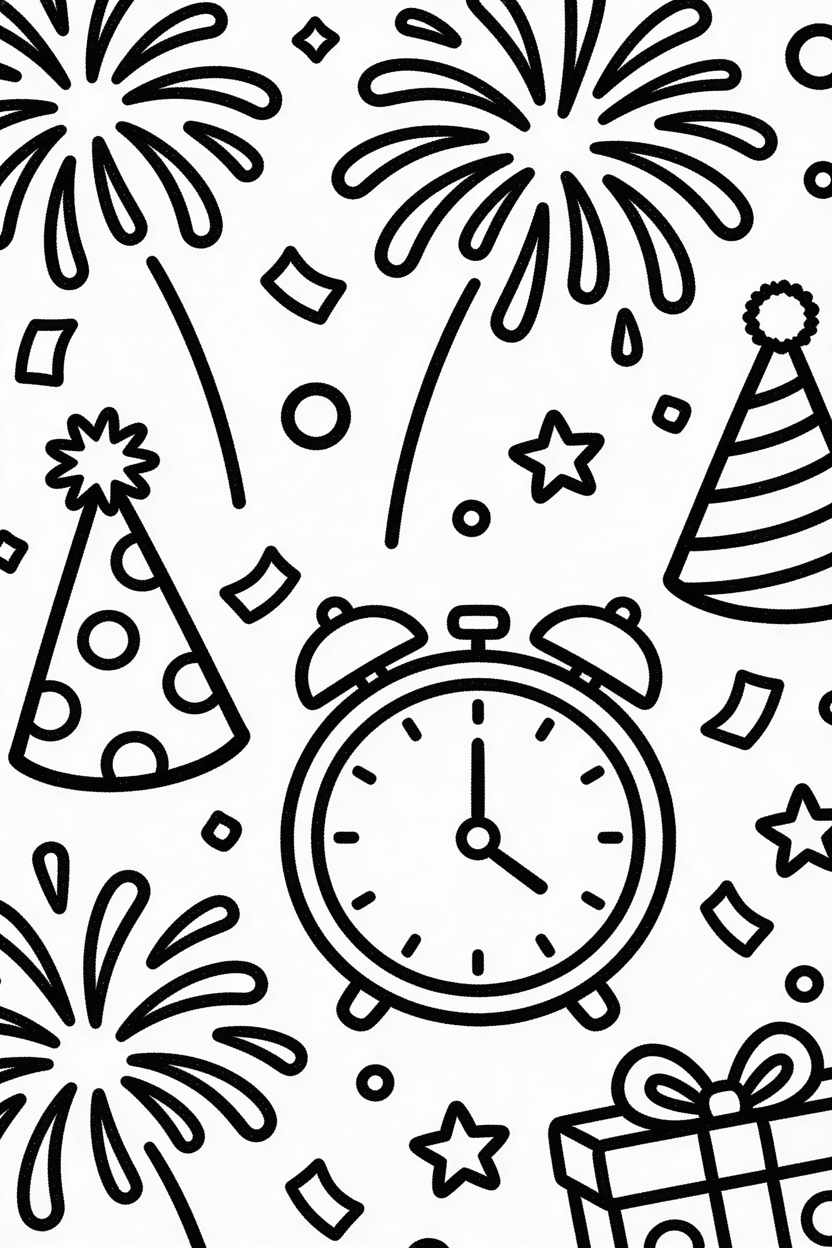 Children's New Year's Eve celebration coloring page with simple festive designs