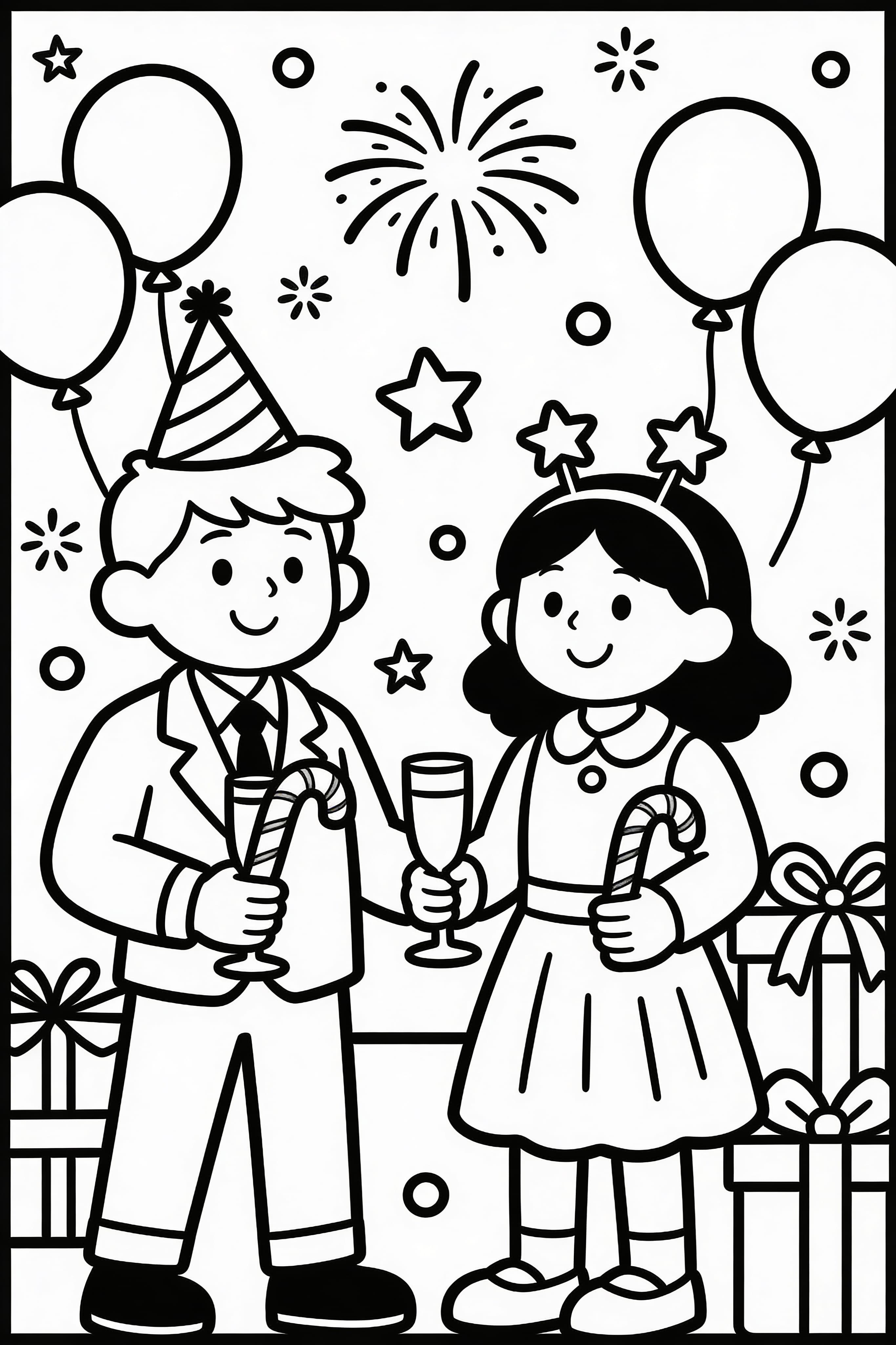 Simple New Year's Eve celebration coloring page for kids with festive elements
