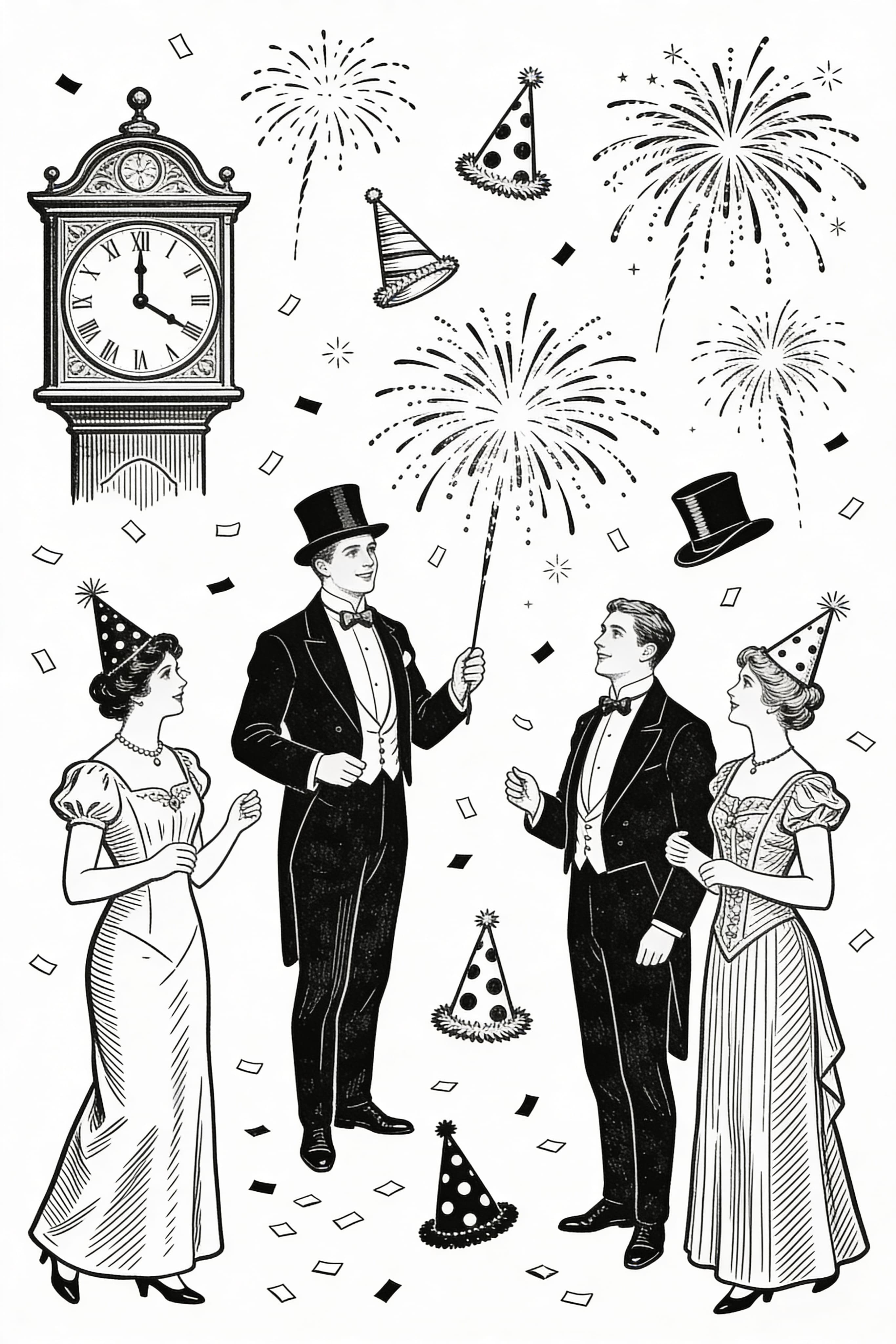 Vintage New Year's Eve celebration coloring page with classic designs