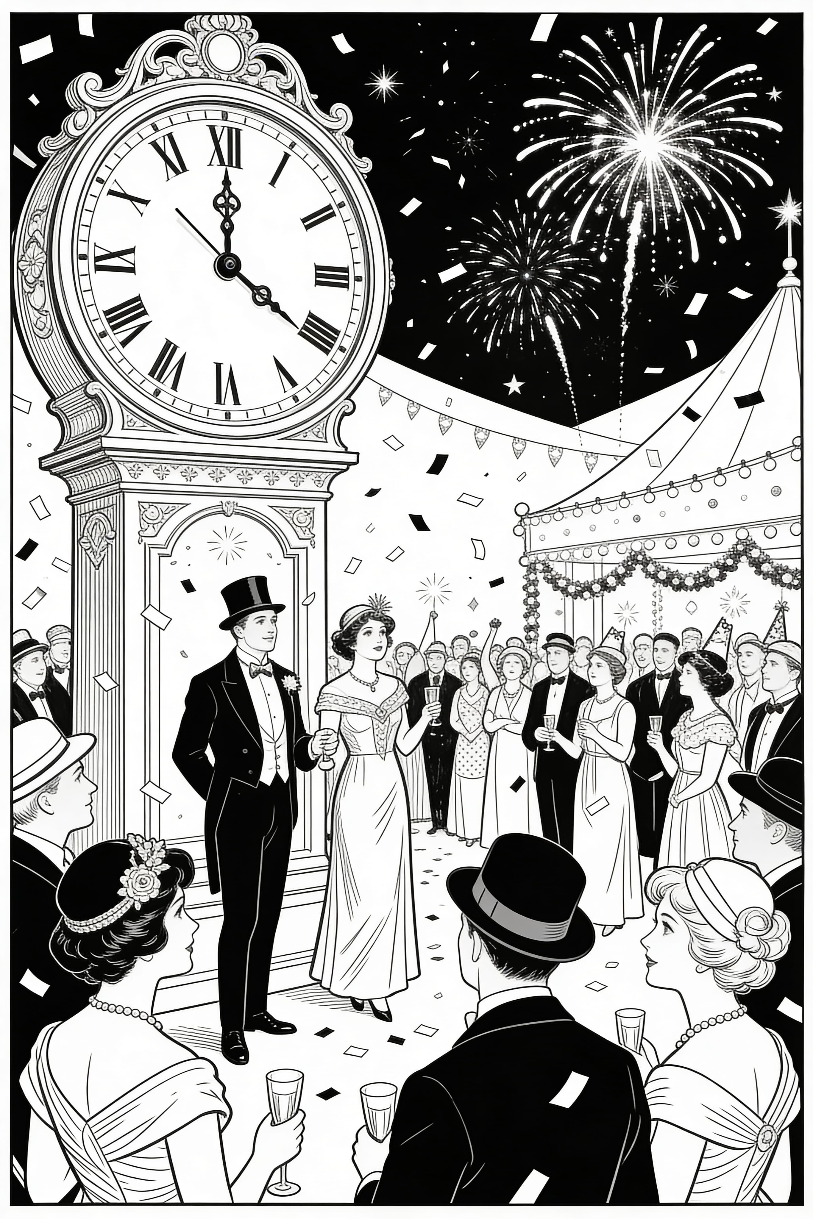 Vintage style New Year's Eve celebration coloring page for print