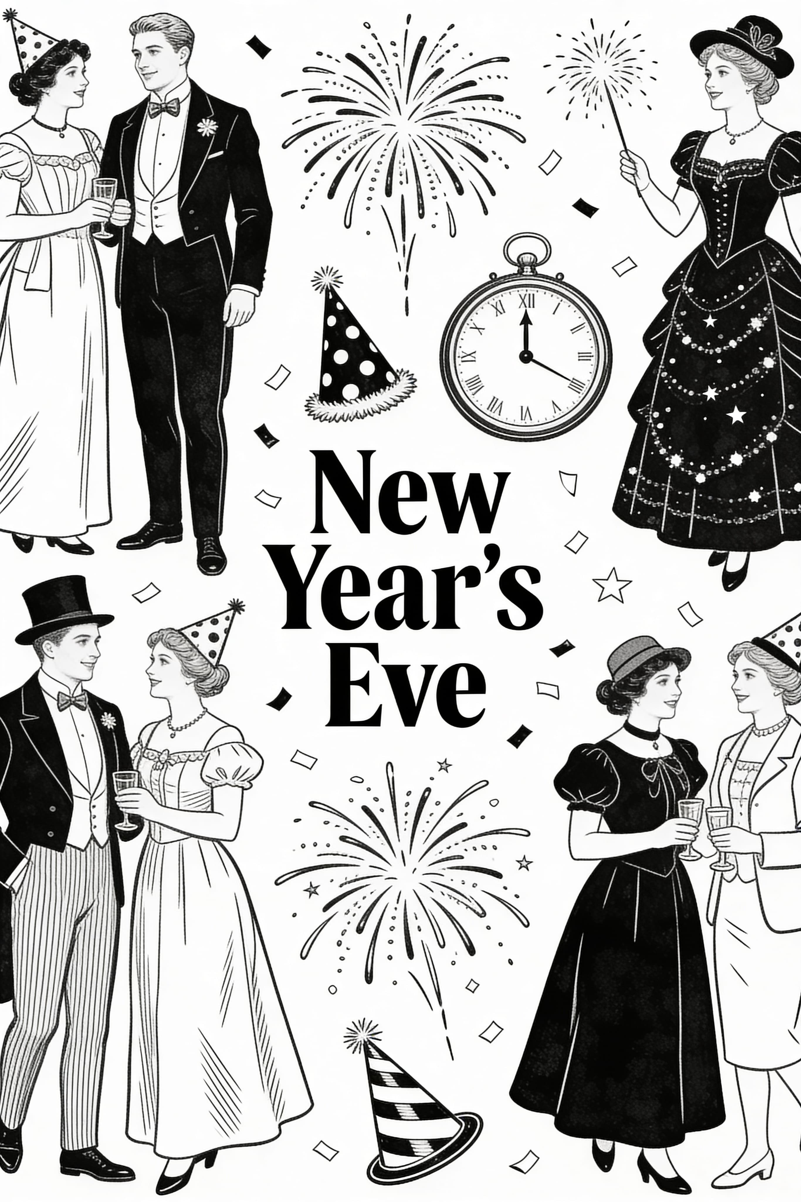 Vintage New Year's Eve celebration coloring page with festive decorations
