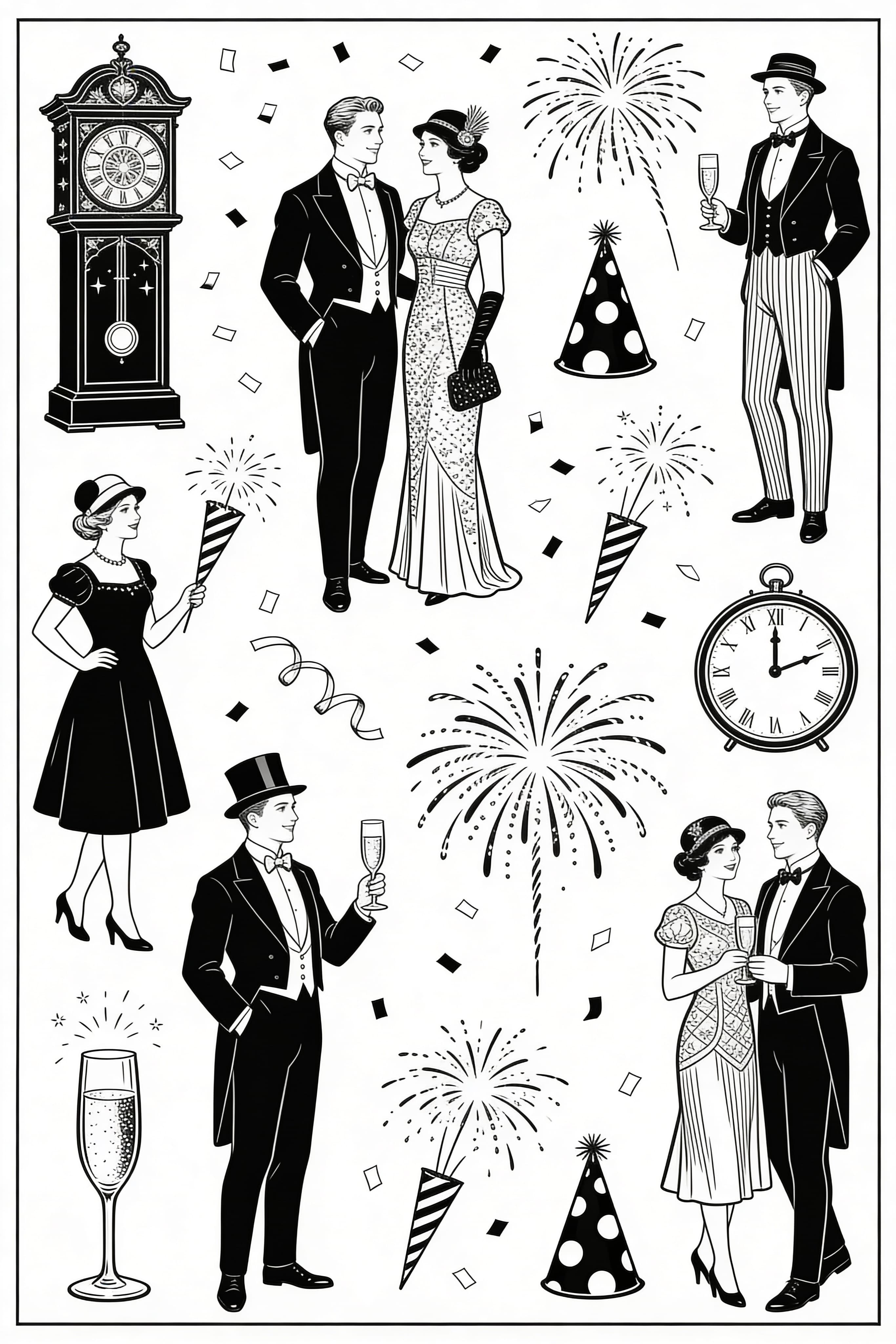 Vintage New Year's Eve celebration coloring page with festive elements