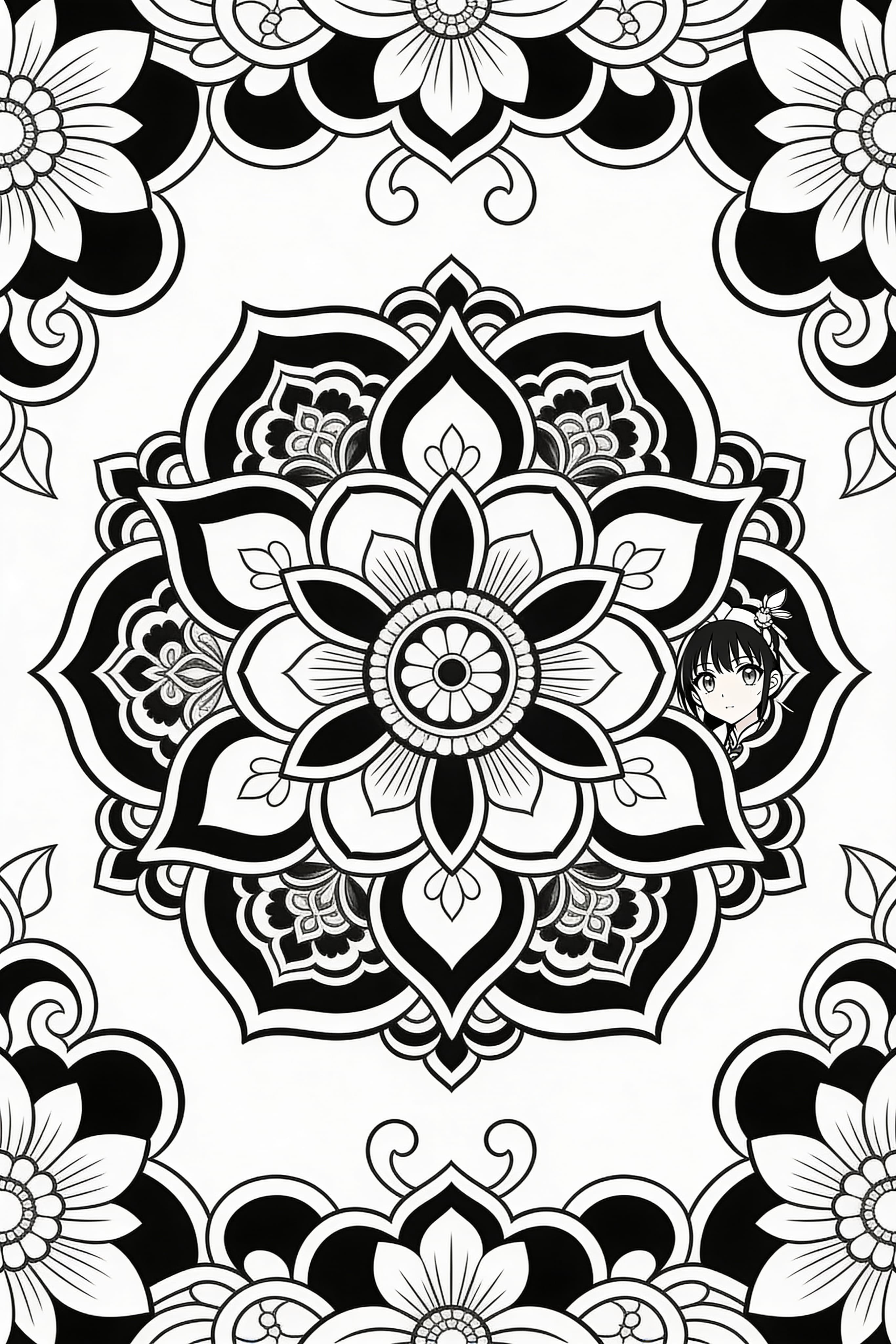 Anime style traditional mandala coloring page for printing