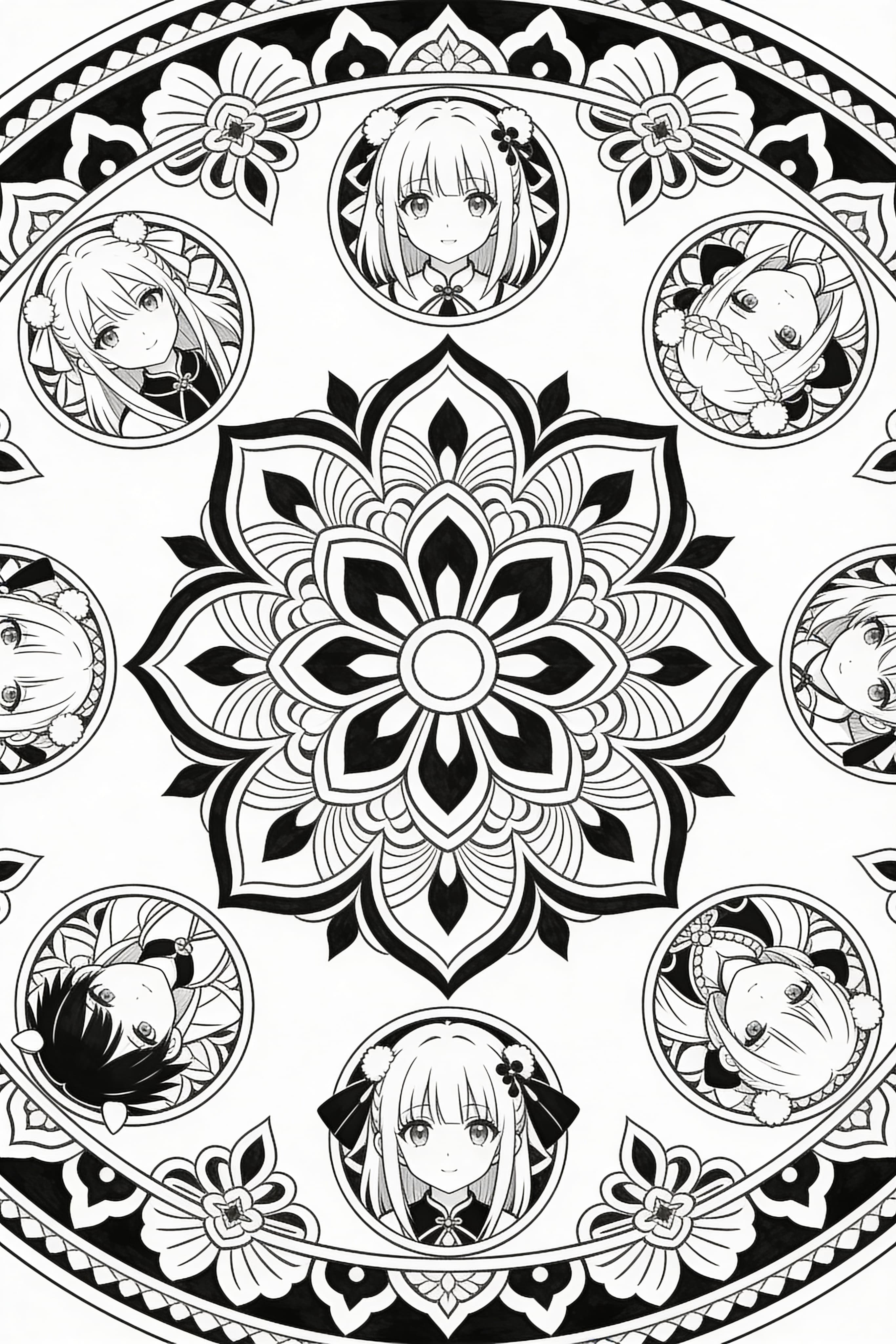 Anime style traditional mandala coloring page free printable