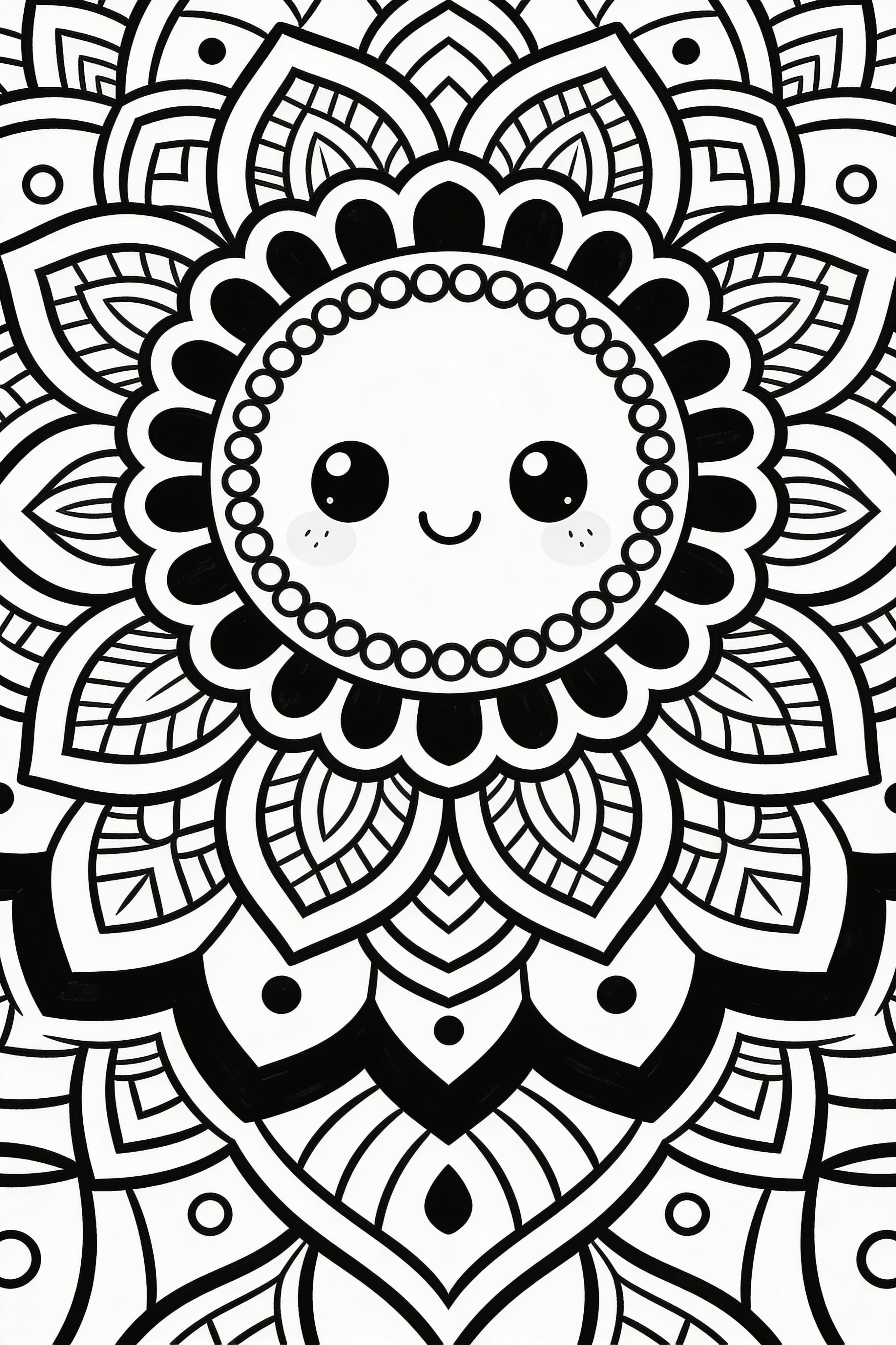 Cute cartoon style traditional mandala coloring page for relaxation