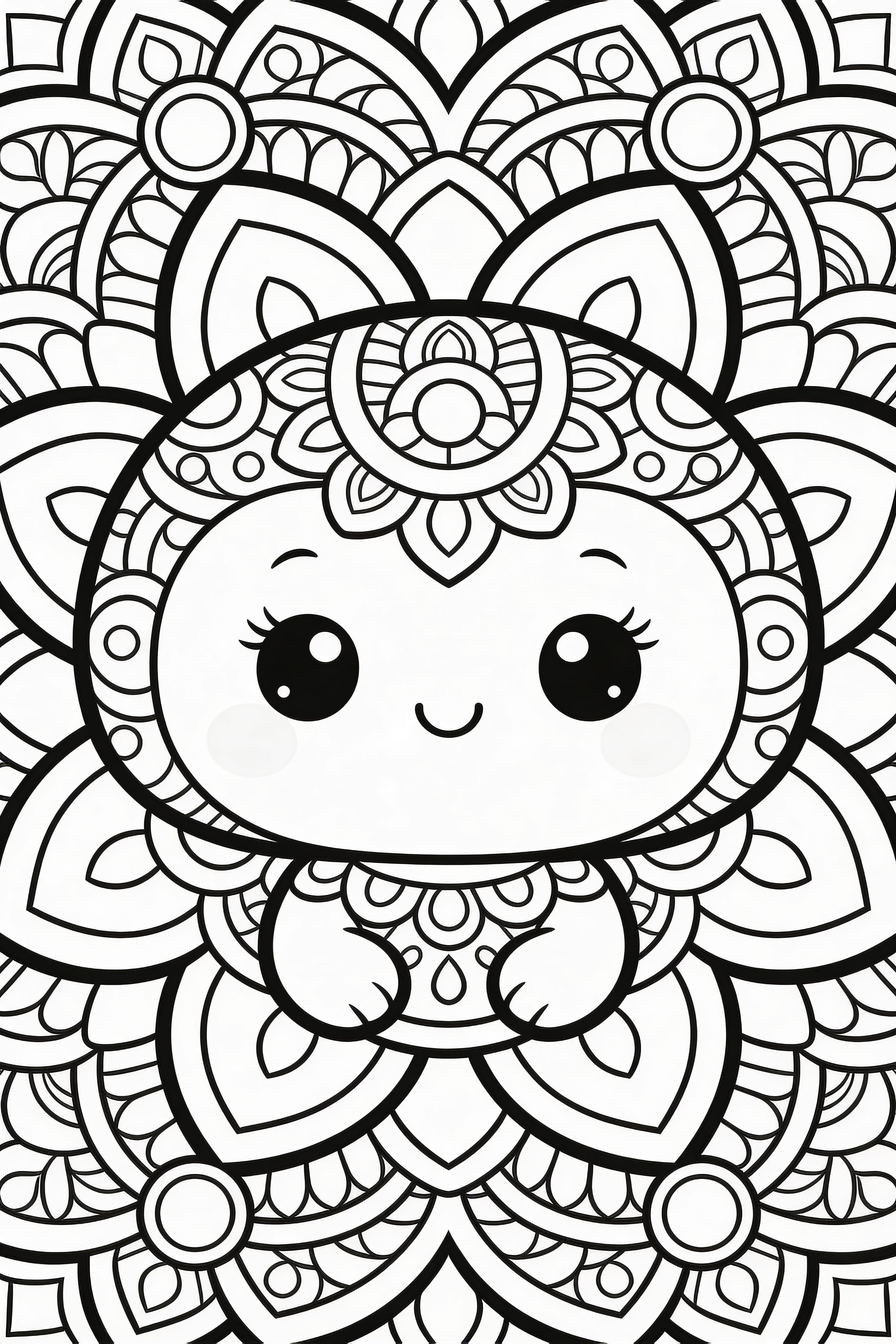 Cute cartoon style traditional mandala coloring page for printing