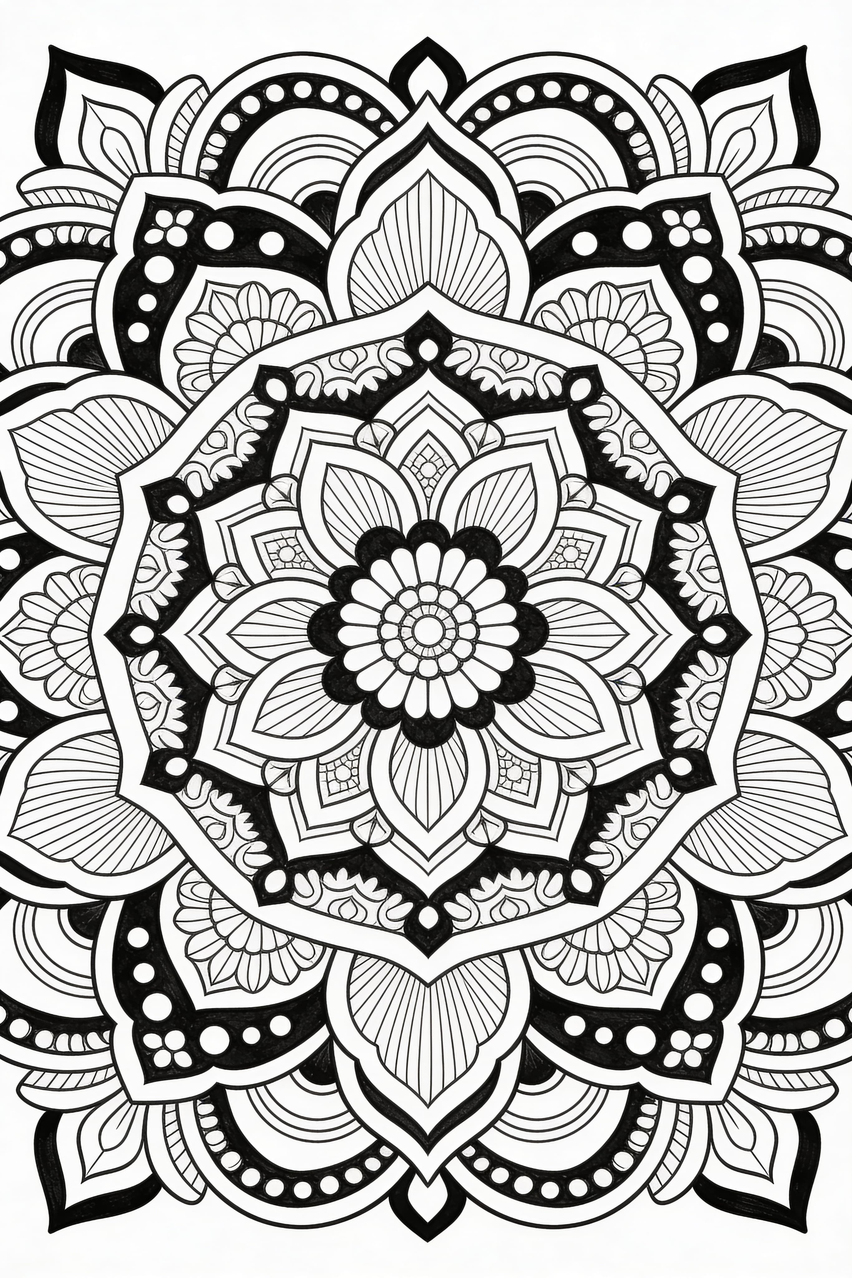 Detailed traditional mandala coloring page for adults to print and color