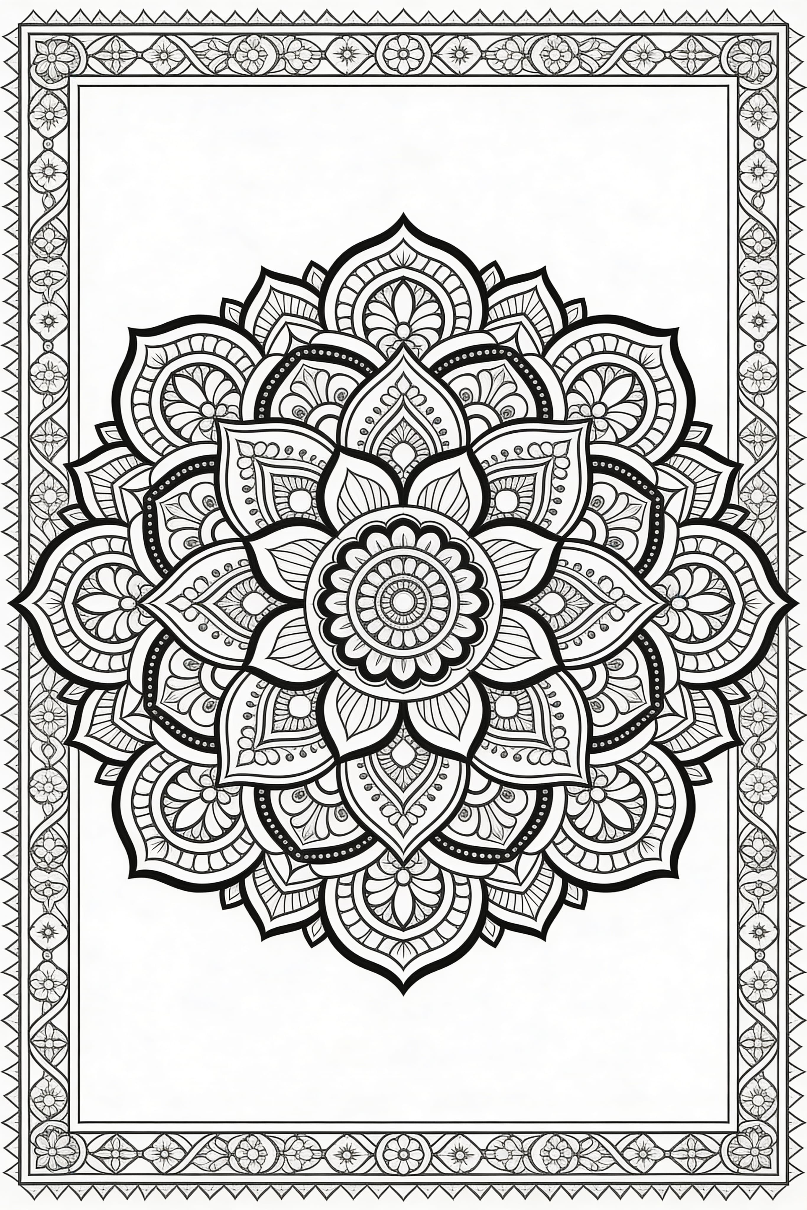 Detailed traditional mandala coloring page for adults, printable