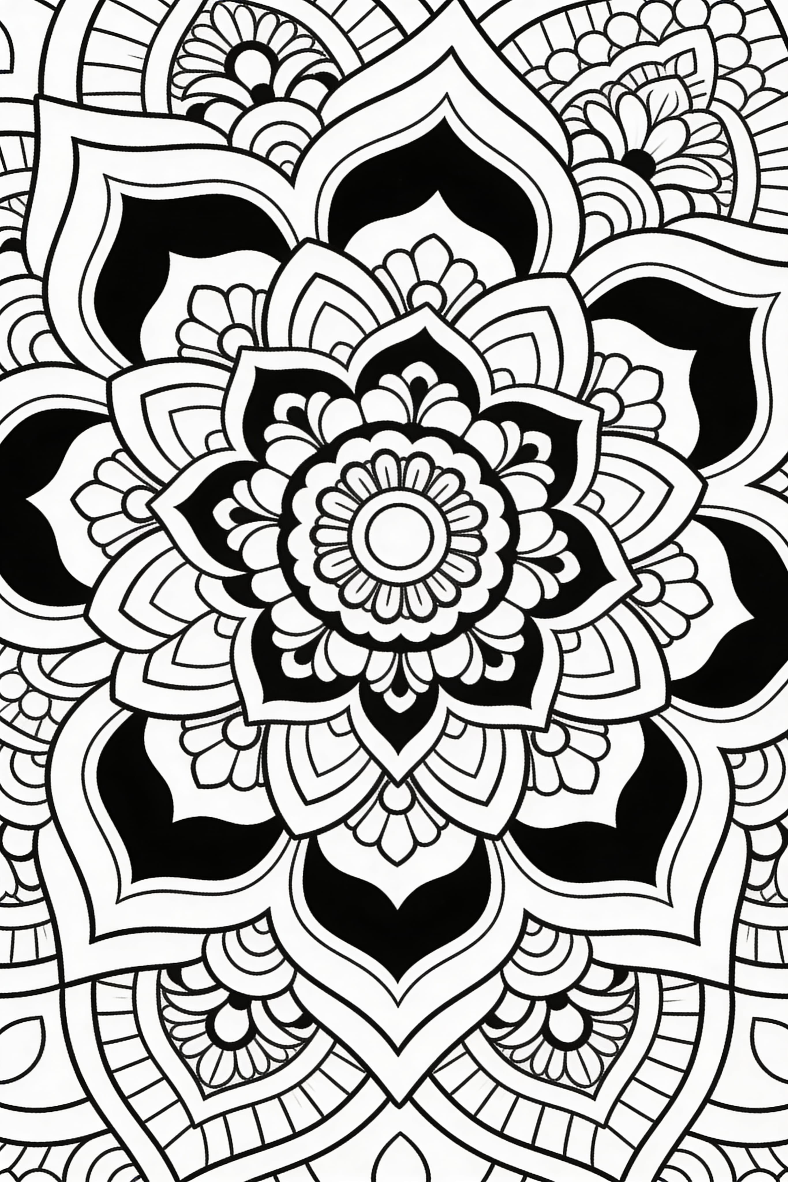 Detailed traditional mandala coloring page for adults, printable design