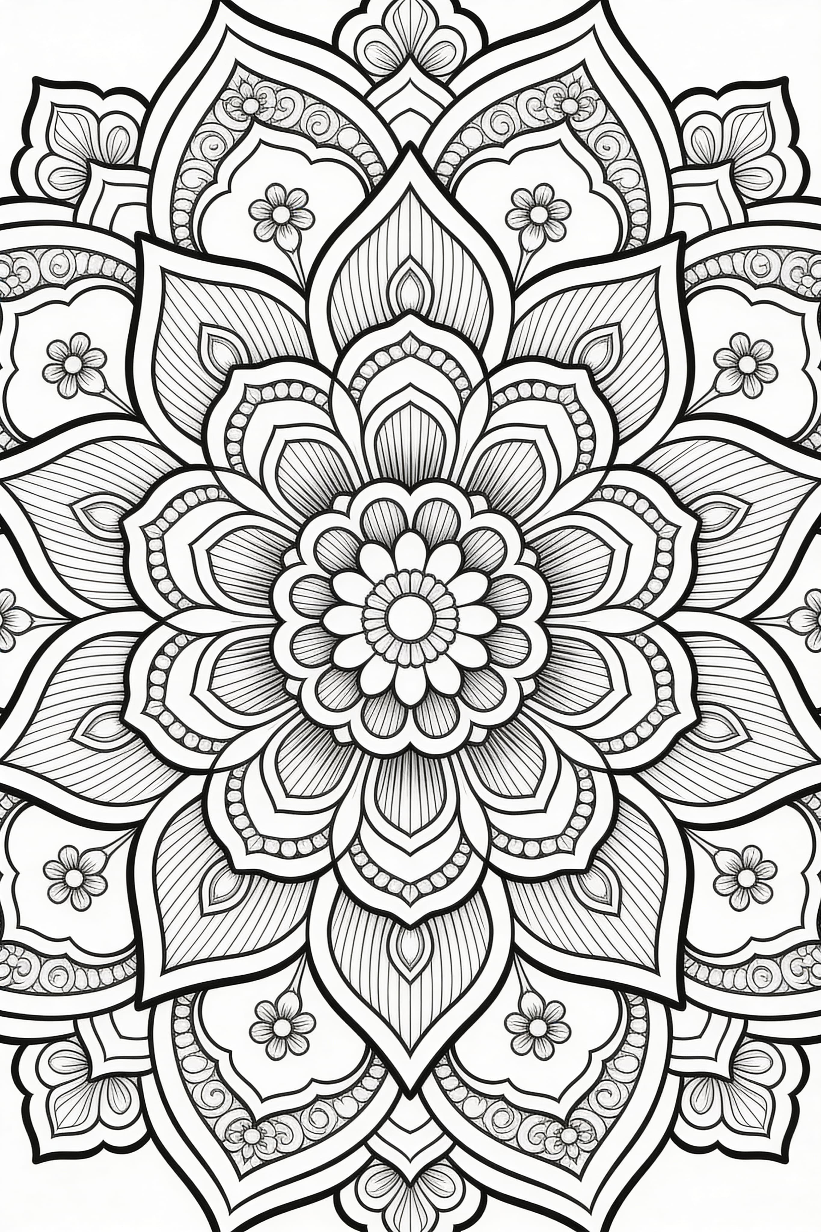 Realistic traditional mandala coloring page with intricate design