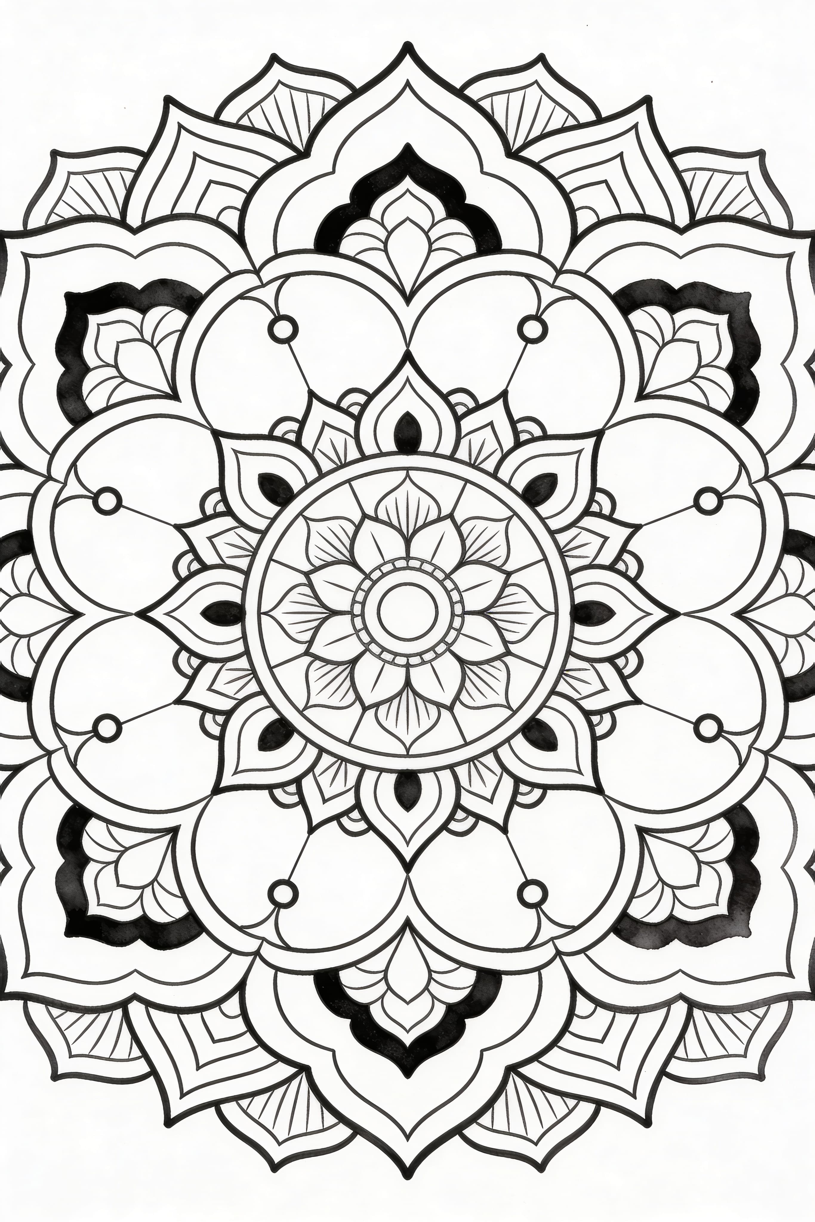 Traditional mandala coloring page with watercolor outline style for printing