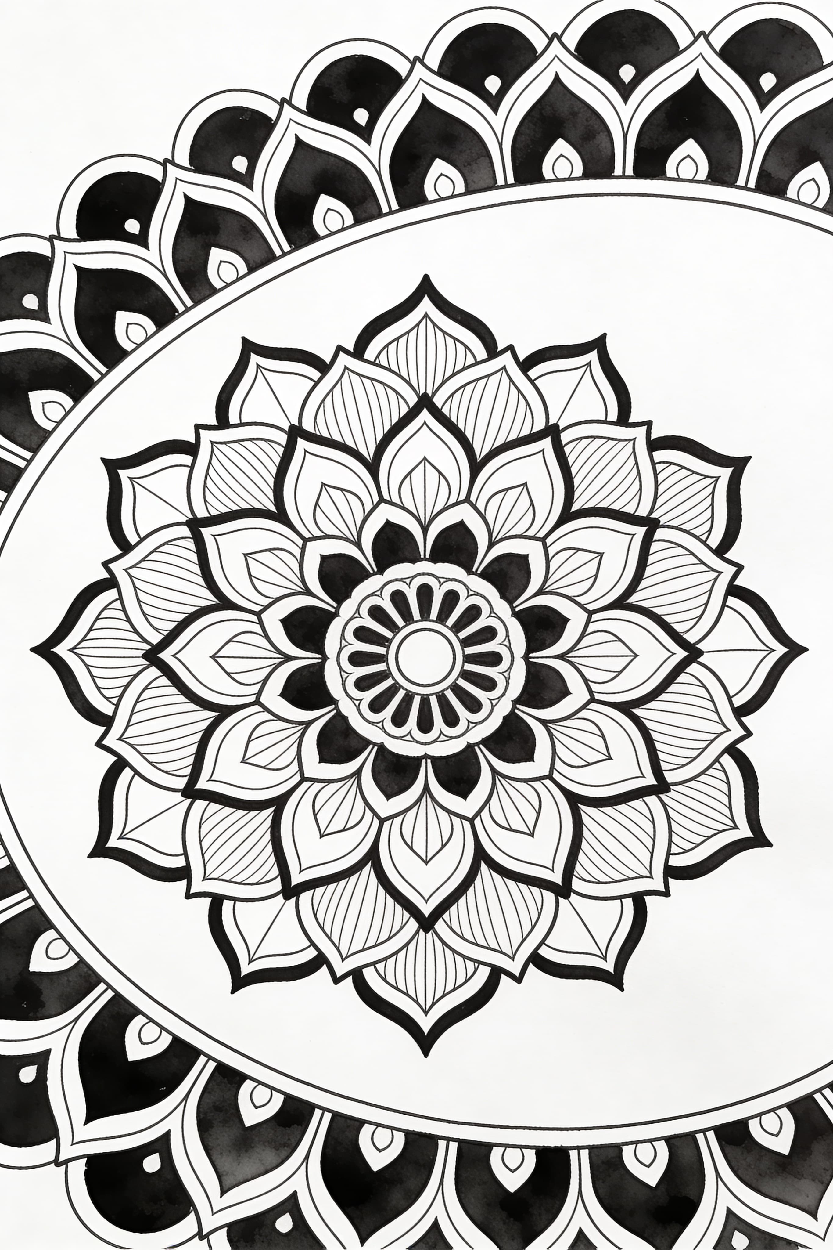 Traditional mandala design in watercolor outline for coloring