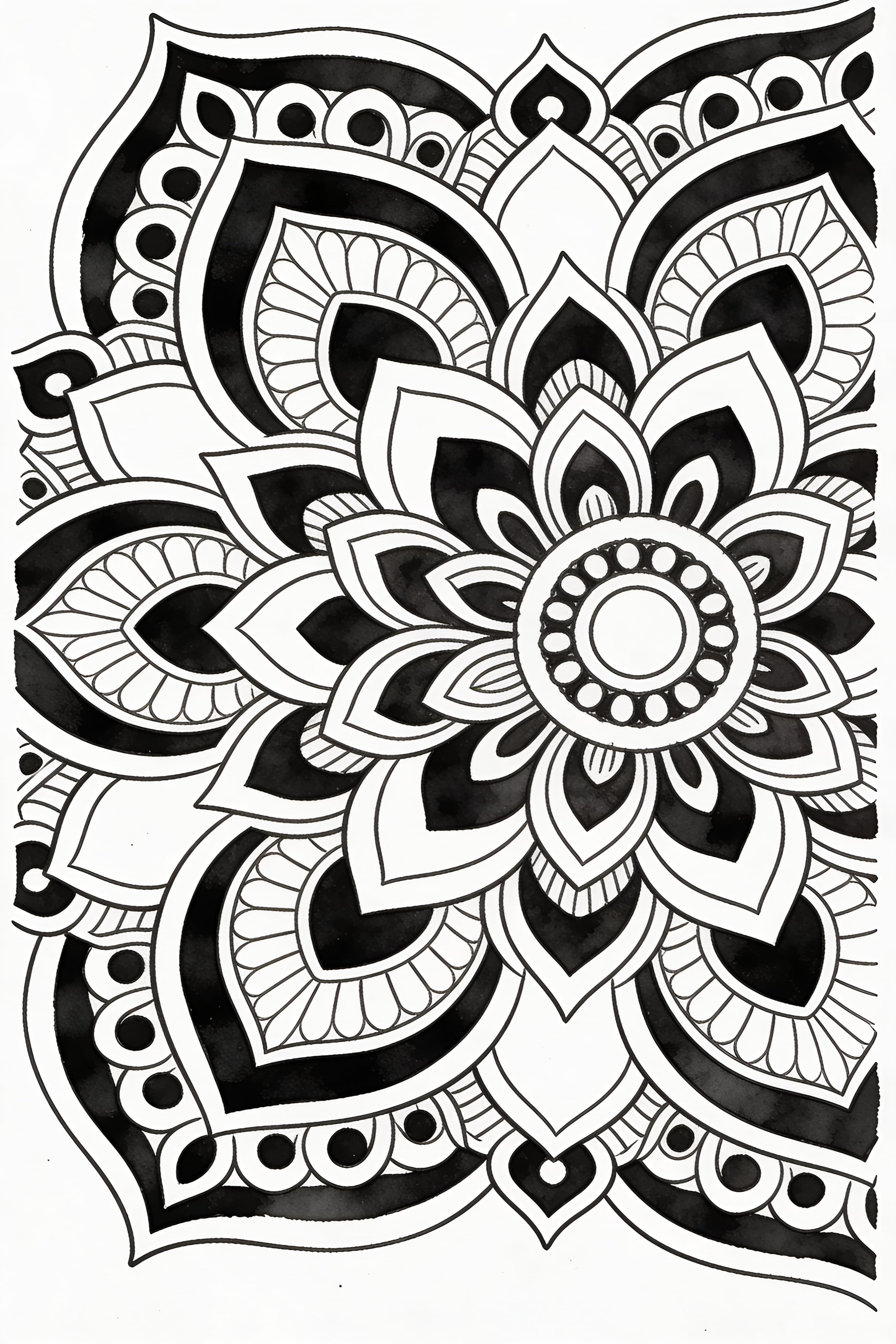 Watercolor outline style traditional mandala coloring page