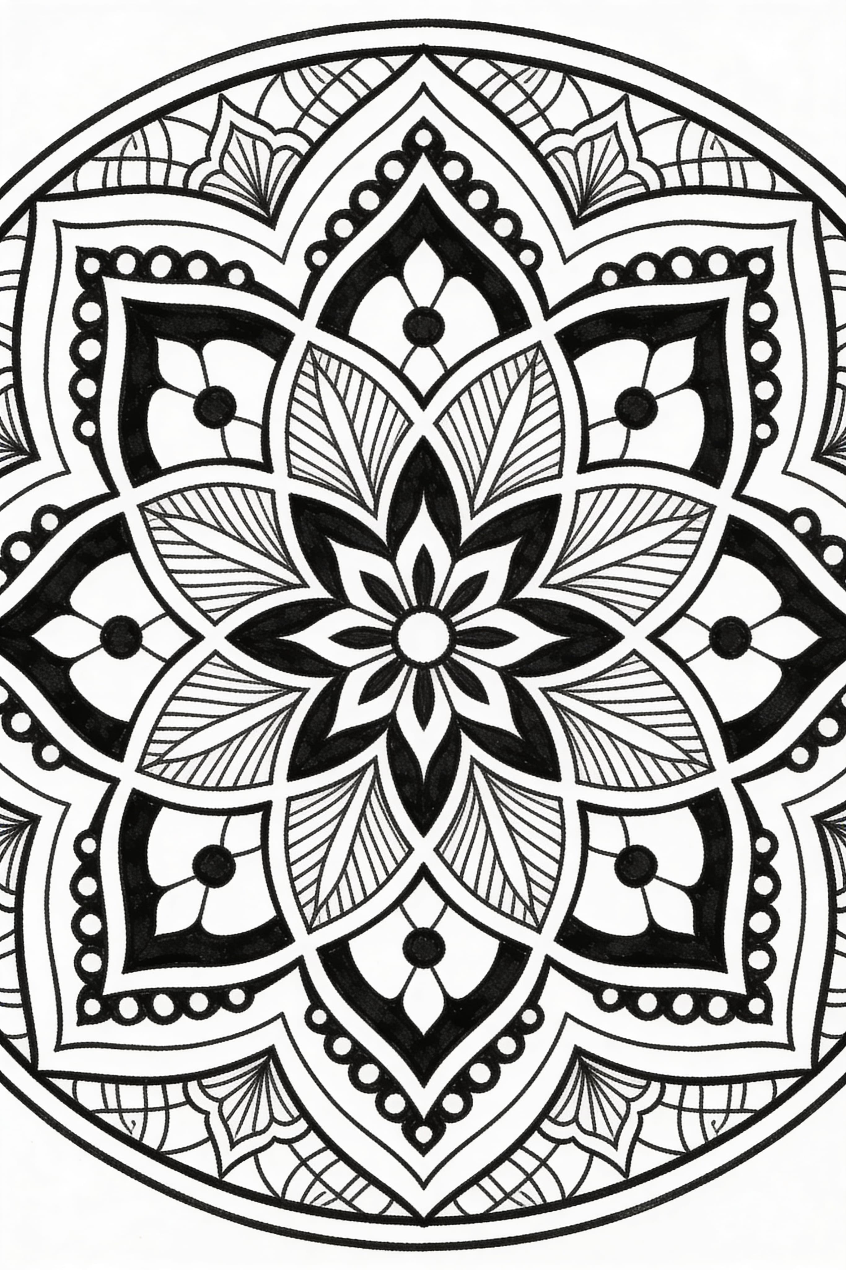 Zentangle style traditional mandala coloring page for printing